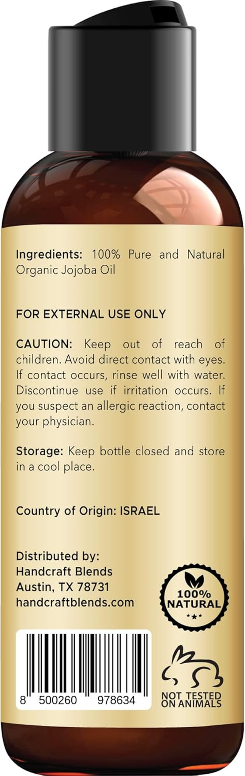 Handcraft Blends USDA Organic Jojoba Oil - Cold-Pressed 4 Fl Oz - 100% Pure and Natural - Premium Grade Carrier Oil for Skin and Hair - Hair and Body - Massage - Hexane-Free