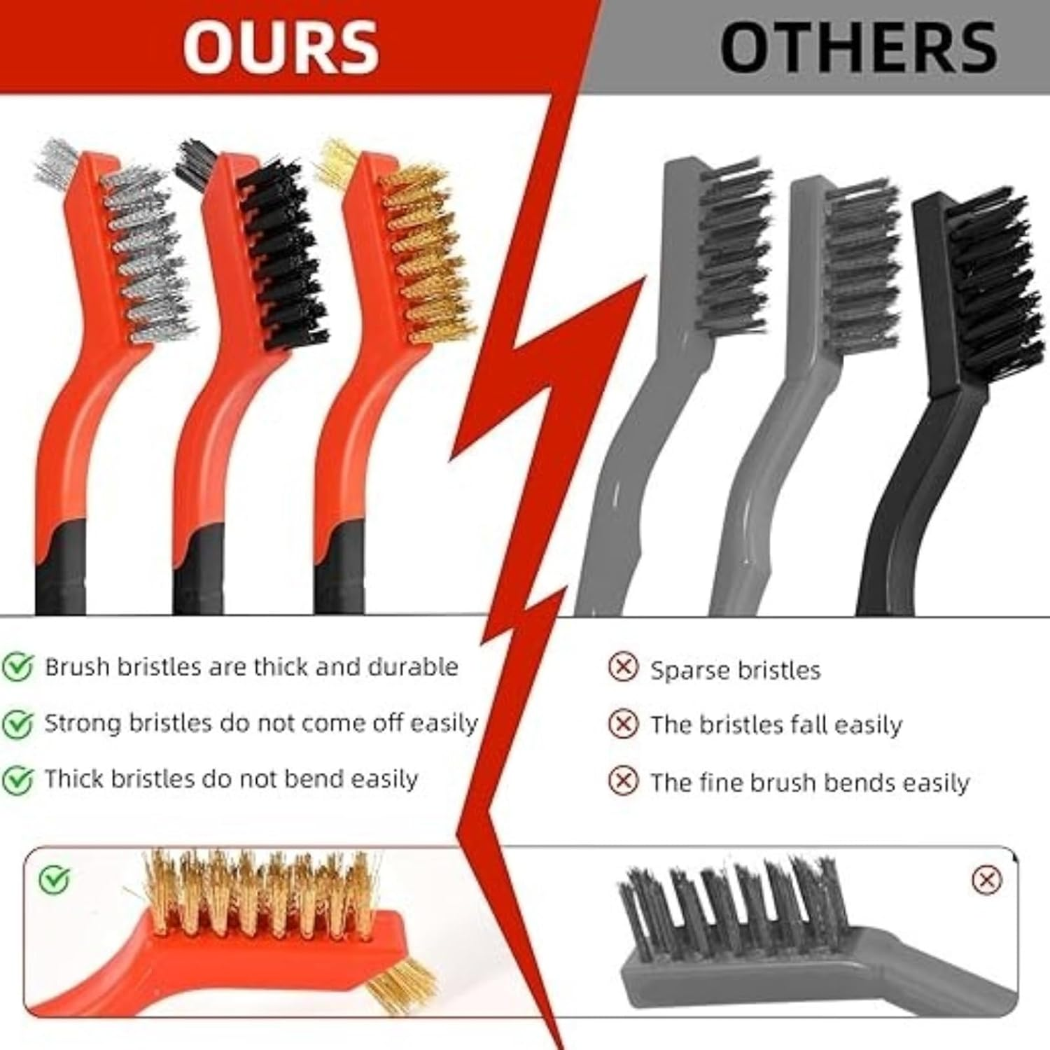 Kalione 3-Piece Wire Brush Set, 7-Inch Stainless Steel, Nylon and Brass Bristles with Ergonomic Curved Handle for Rust, Paint and Dirt Removal, Deep Cleaning, Cleaning Dirt & Paint Scrubbing (Red) image number 1