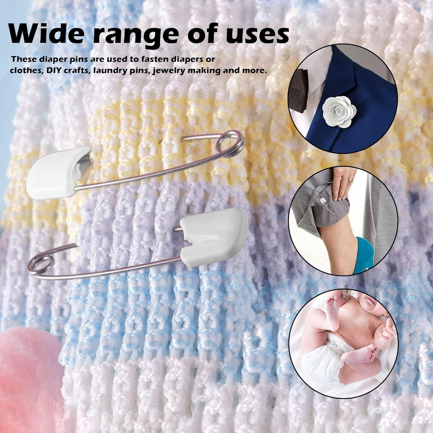 Nappy Safety Pins,100 PCS Plastic Head Cloth Diaper Pin Stainless Steel Lock Diaper Pins Craft Sewing Baby Safety Pin for Clothes Dress Craft Hold Clip image number 6