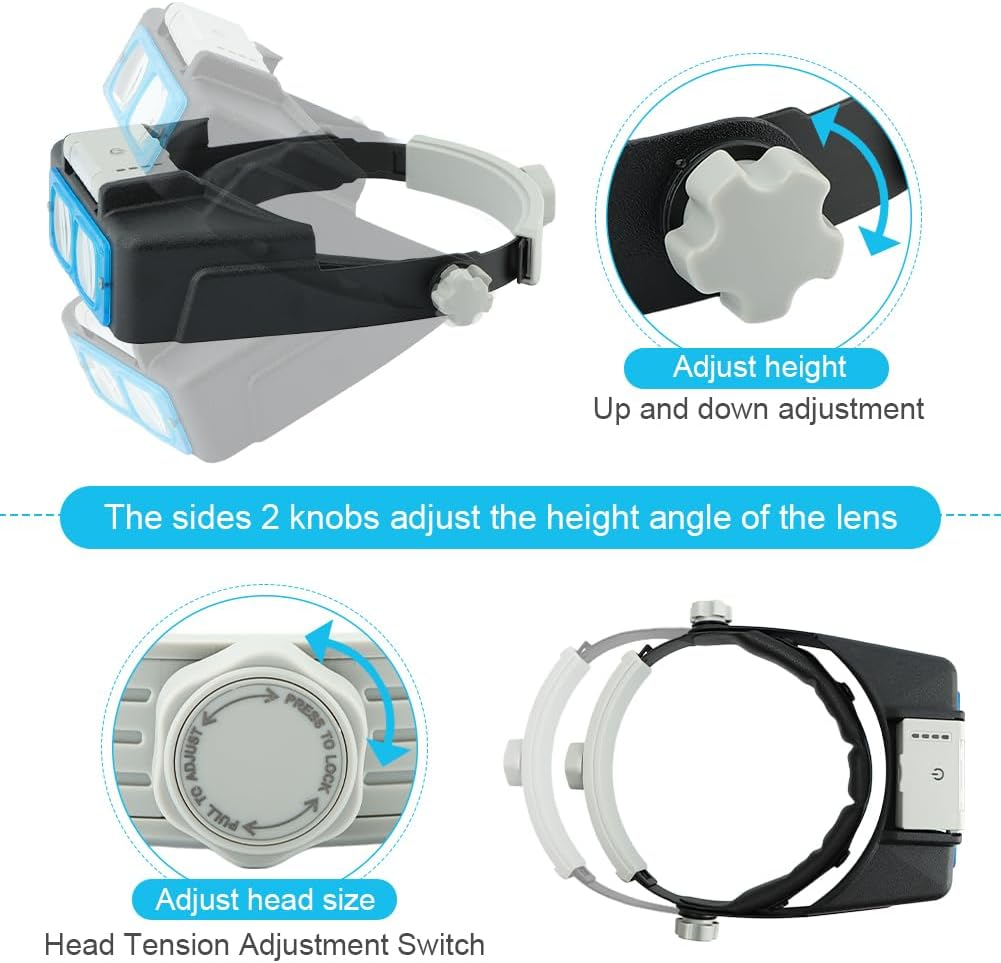 4 Lens Rechargeable Head-Mounted Magnifier with LED Light, Headband Magnifier, Rechareable 1.5X - 3.5X Optical Magnifying Headset for Close Work(Black,Size:6.2 X 2.6Inch)