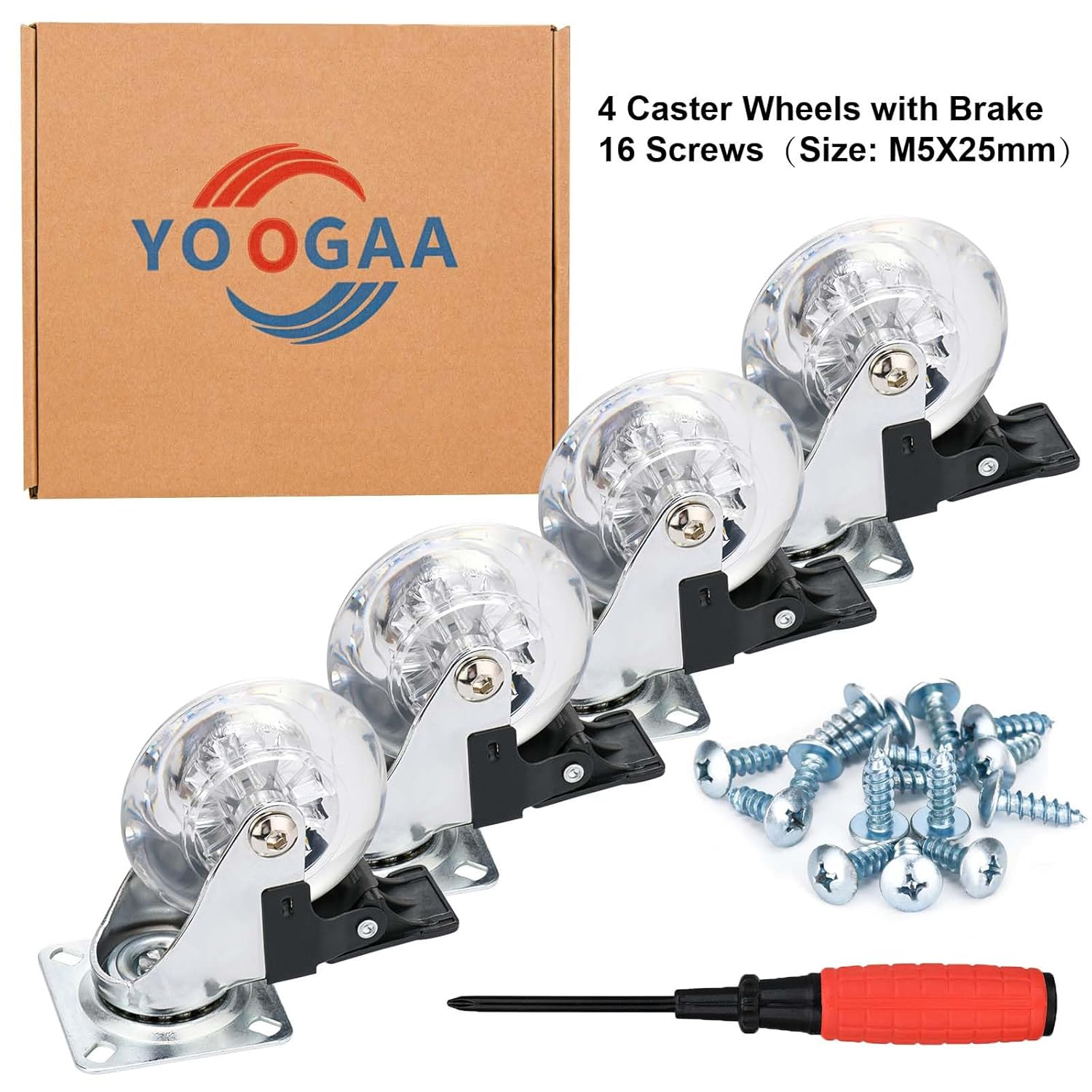 Clear Caster Wheels 75 Mm Casters Set of 4 Heavy Duty, Locking Industrial Casters with 360 Degree No Noise Transparent Polyurethane Wheels, Swivel Plate Casters with Brake - Pack of 4 image number 1