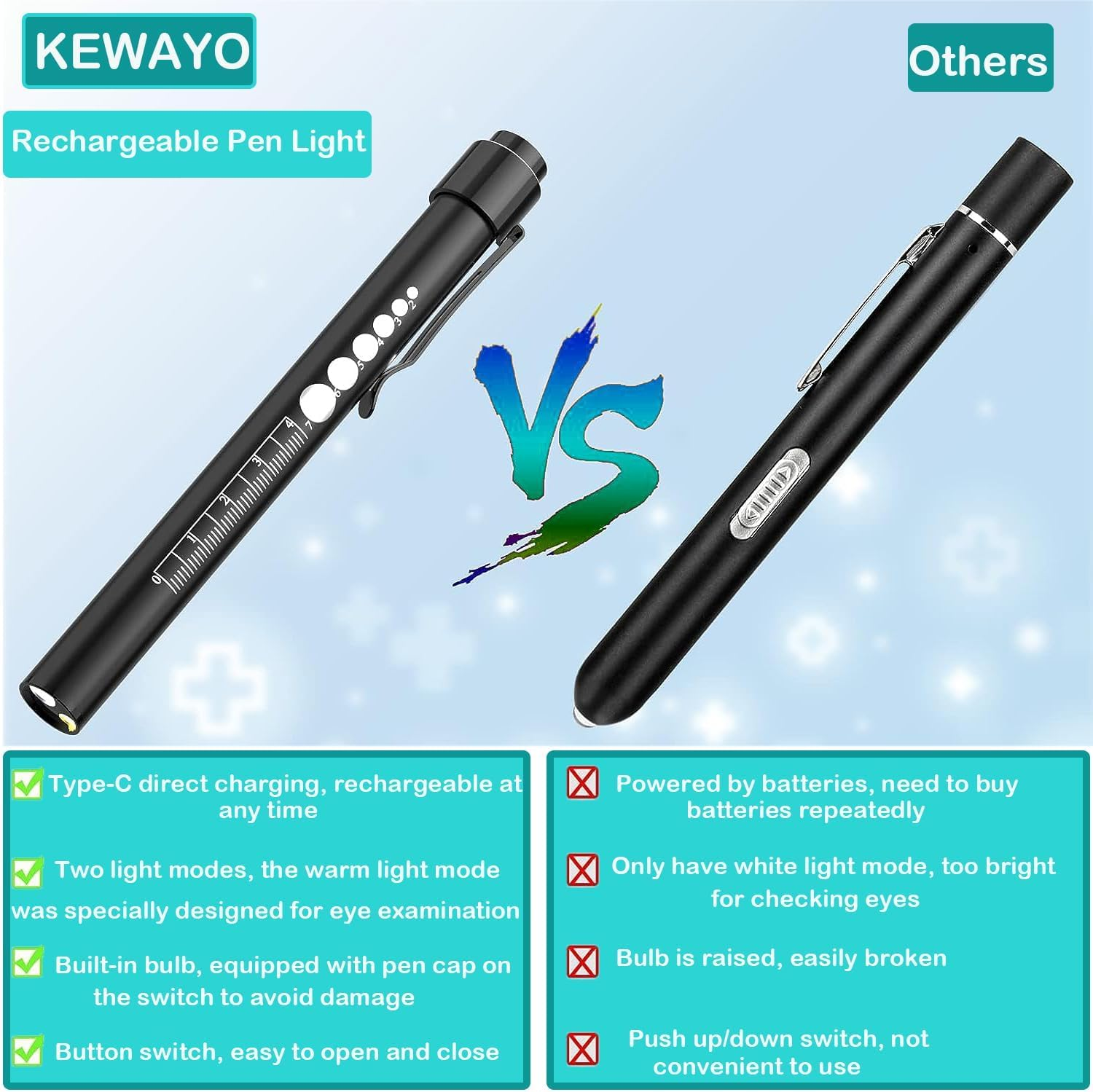 KEWAYO 2Pcs Pen Light, Reusable LED Penlight for with Pupil Gauge & Ruler, USB Rechargeable, Extra Warm Light Bulb, Pocket Clip Mini Flashlight(Black, Silver)