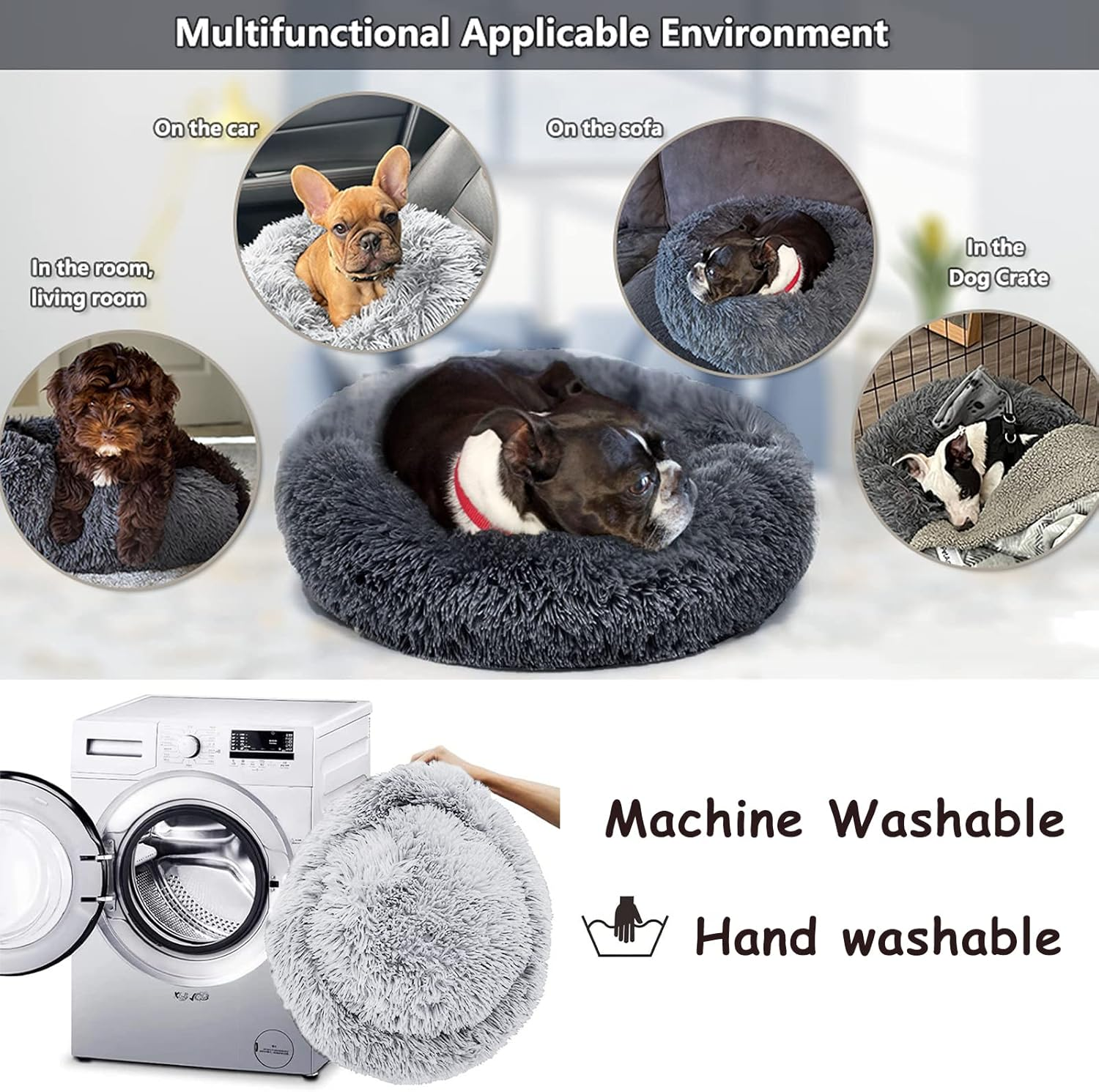 Cat Beds for Indoor Cats, Calming Cat Dog Beds for Small Medium Cats Dogs anti Anxiety Kittens Puppy Donut Bed Machine Washable Cat Bed Warming Soft Fuzzy Comfy round Pet Bed (Light Grey, 24 Inches) image number 5
