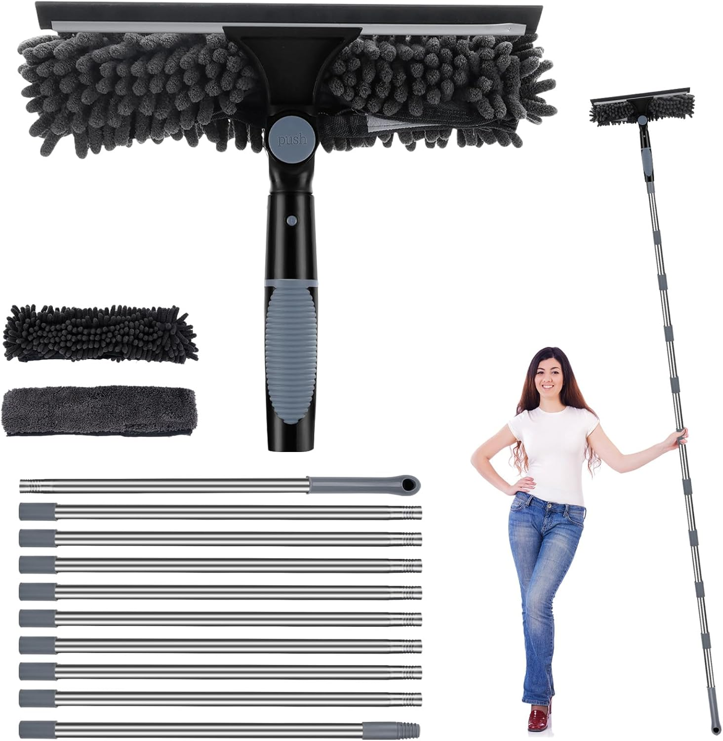 4.0M Telescopic Window Cleaning Poles Kit, Extendable Window Cleaner with Squeegee, 3 Microfibre Cloths, Long Reach Window Cleaning Equipment for Indoor & Outdoor High Windows, Cars, Walls (Green)