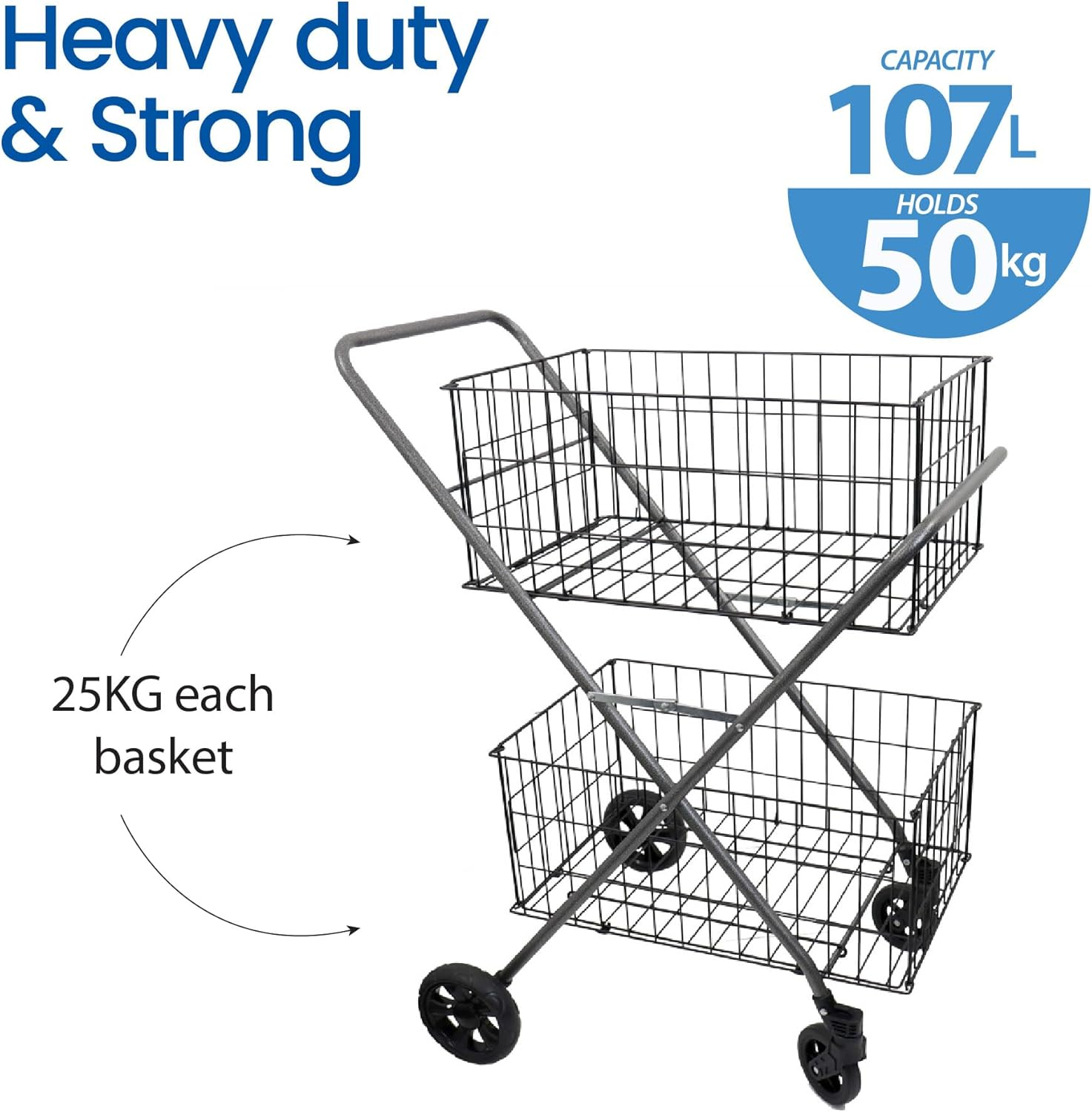 Dual Handy Basket Cart &ndash; 50Kg Capacity, 107L Volume, Dual Baskets, Foldable, 360&deg; Swivel Wheels, Durable Epoxy Coating, Quick Assembly &ndash; Ideal for Groceries, Laundry, Beach,&Warehouse image number 4