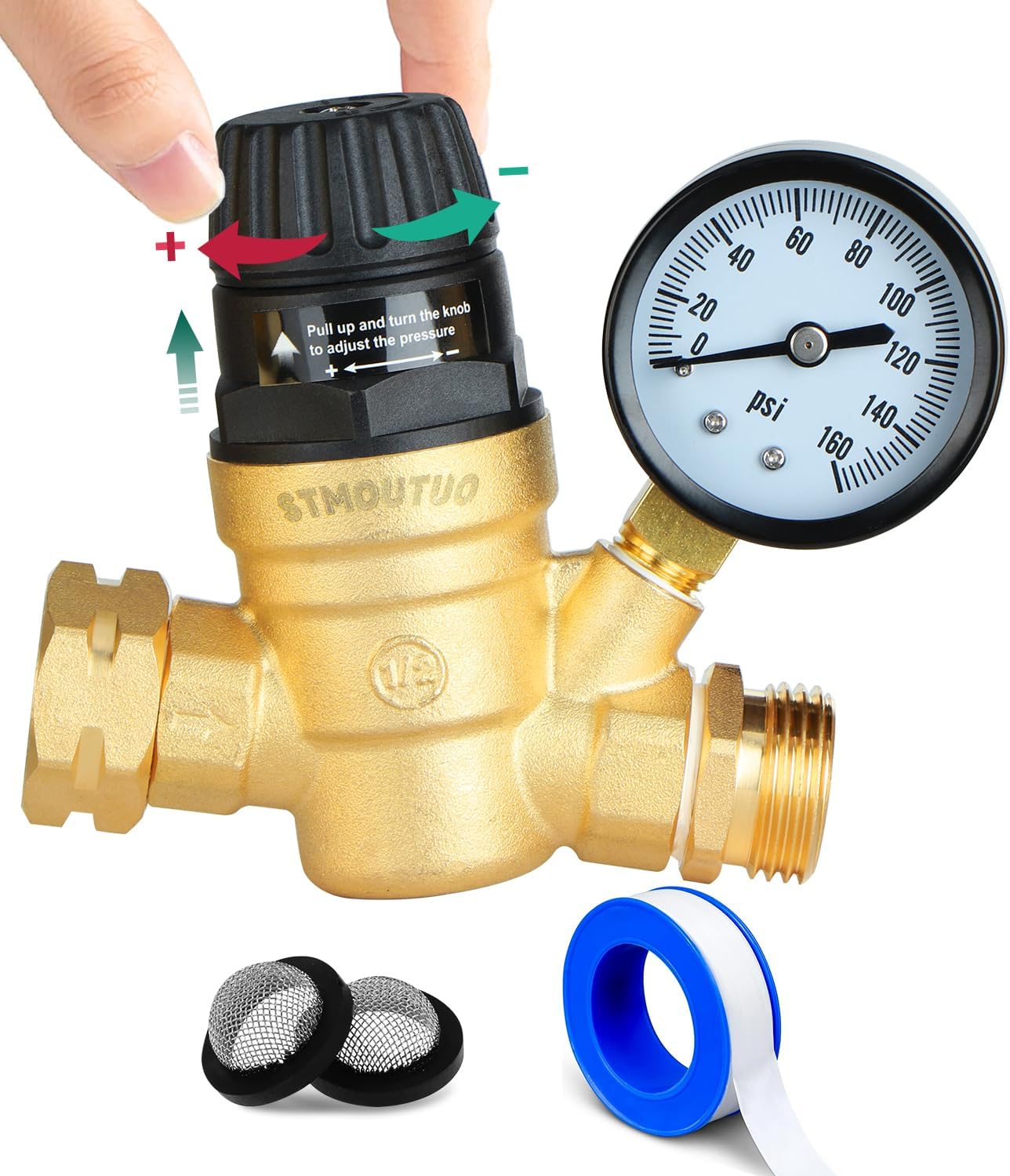 RV Water Pressure Regulator for RV Camper. Brass Lead-Free Adjustable Camper Water Pressure Regulator with 0-160 PSI Gauge ，Reducer Valve W Filter，Package Includes 1 Raw Tape for Water Pipes.