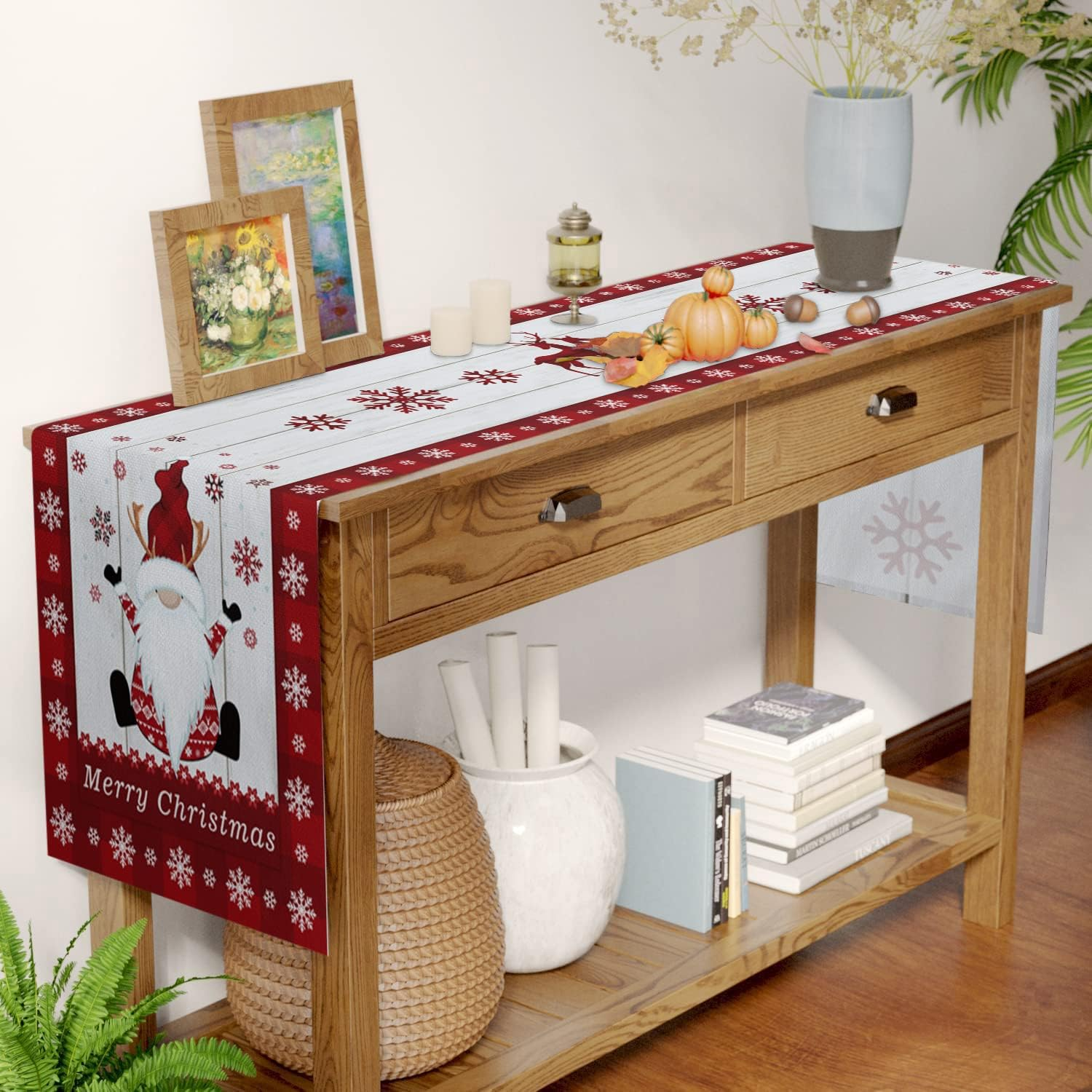 Christmas Table Runner, Santa Table Runners,Linen Christmas Table Cover Dining Table Wrinkle-Free Decoration for Indoor Outdoor Home Party D&eacute;cor (33X178 Cm) image number 2