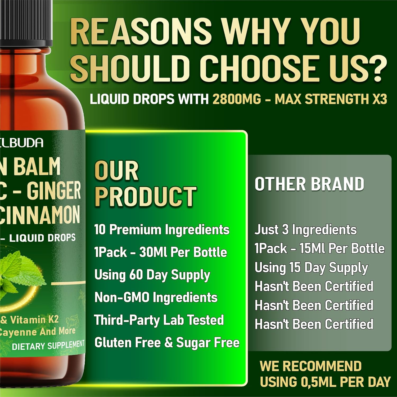 10In1 Lemon Balm Liquid Drops Blend Includes Lemon Balm, Ginger, Turmeric, Ceylon Cinnamon, Black Pepper, Cayenne Pepper, Berberine - Support Digestion, Mood - 1 FL Oz - 2 Month Supply image number 1