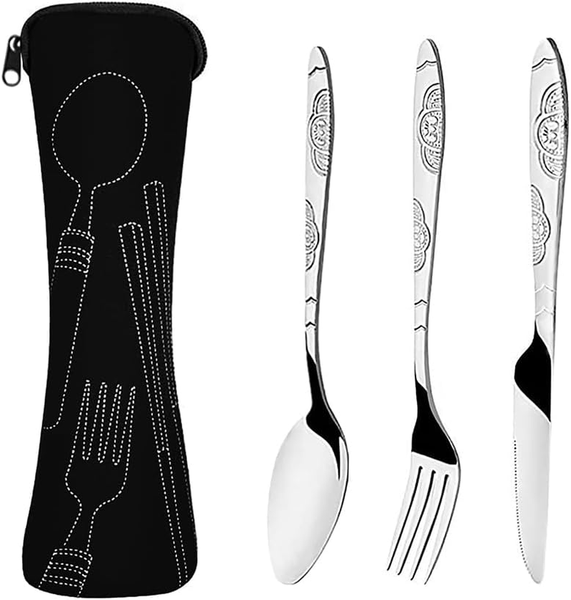 FRAINBOWZ Portable Stainless Steel Flatware Set，Stainless Steel Flatware Camping Utensil Set with Neoprene Bag for Outdoor Travel Picnic Office School Lunch Box（Black） image number 4