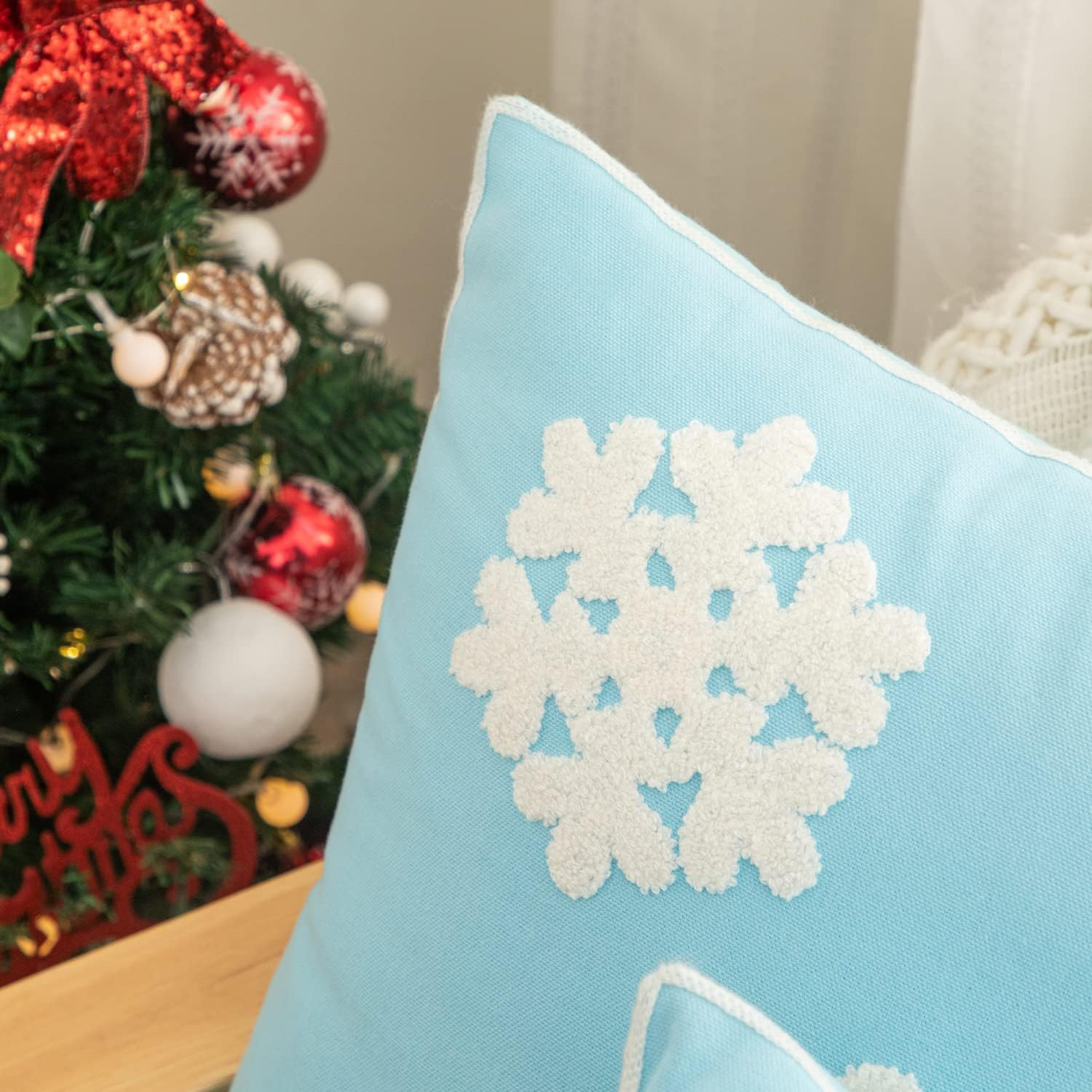 18X18,Cotton Christmas Blessing Throw Pillow Cover for Bed Sofa Cushion Car Snowflake Embroideried Pillowcases ,1Pair Blue - White image number 7