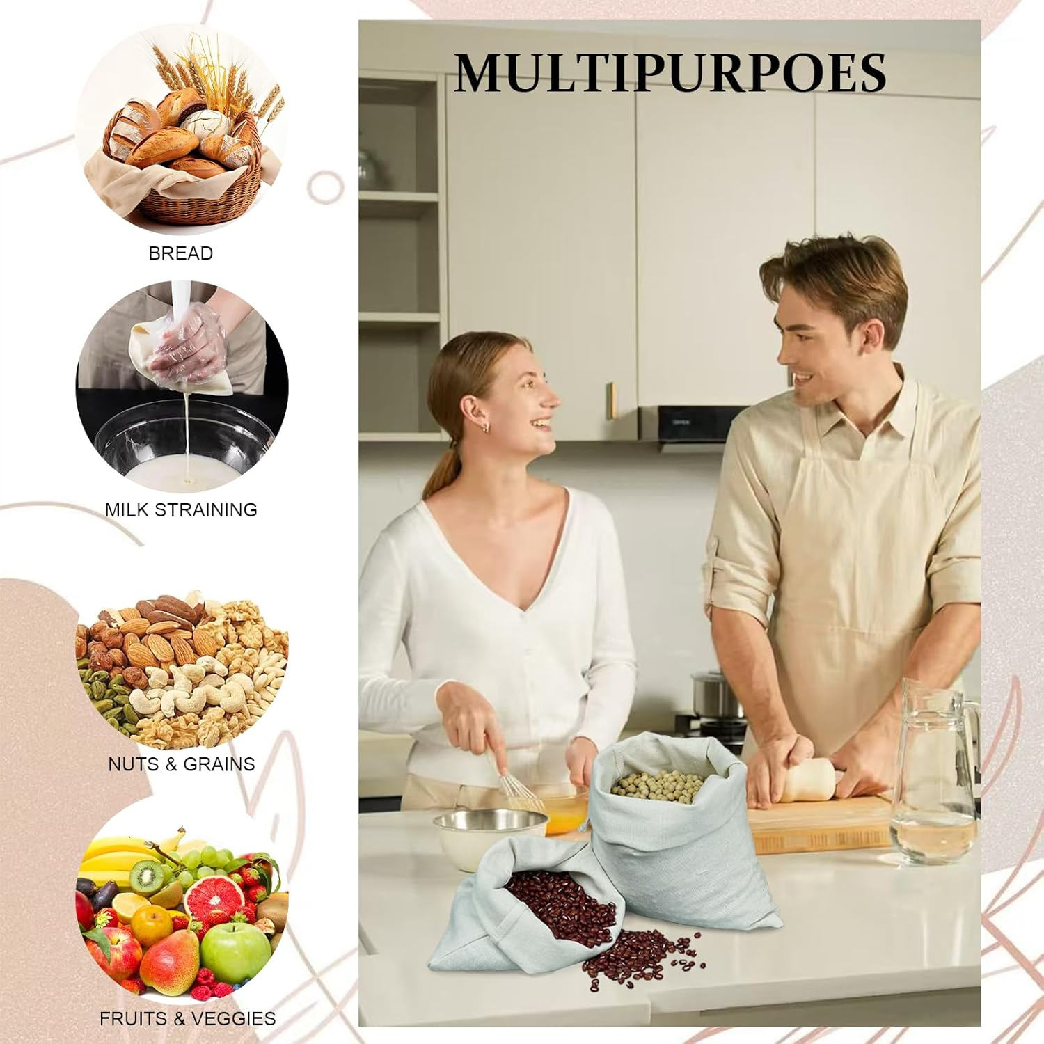 Natural Linen Drawstring Bags Bulk Linen Calico Cotton Bag 4 Packs Cotton Muslin Bags 20 * 25Cm Storage Washable Eco-Friendly Shopping Bag