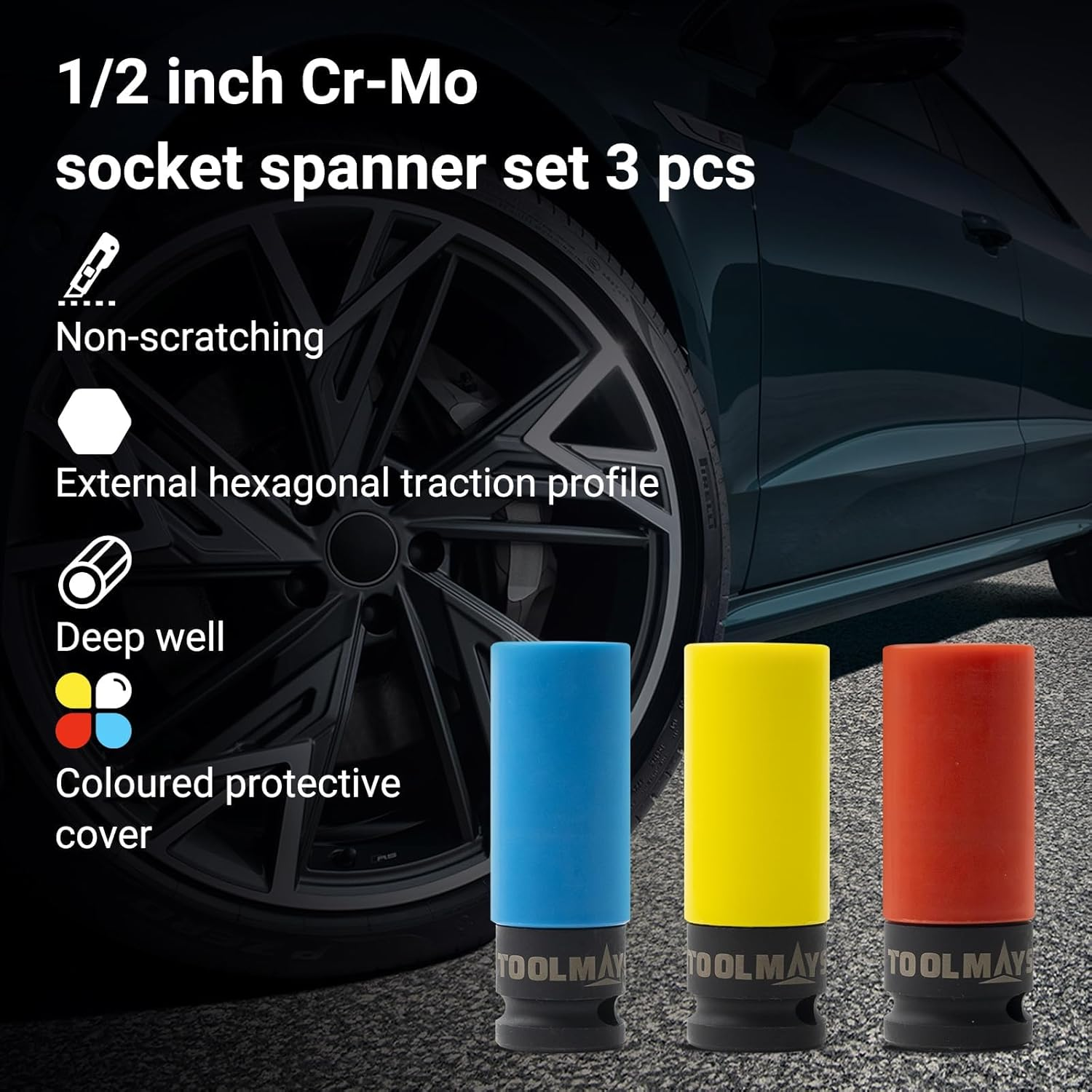 1/2" Drive Lug Nut Impact Socket Set, 3 Pcs Cr-Mo Steel Drive Wheel Protector, 6 Point, Metric Protective Wheel Nut Socket Set 17Mm, 19Mm, 21Mm with Storage Box image number 5