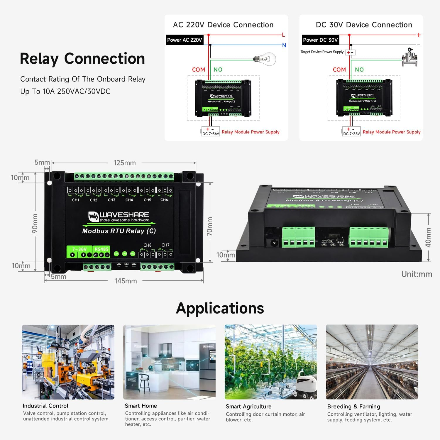 Waveshare Industrial Modbus RTU 8-Ch Module (E) with RS485, 30A High Current, Multi Isolation Protection image number 5