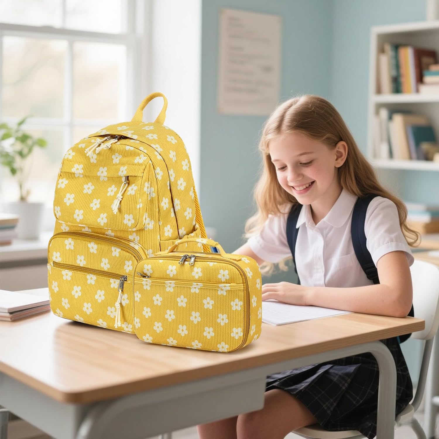 Bluboon Backpack for Girls Kids Preschool Backpack with Lunch Box Kindergarten Bookbag Toddler School Bags Set, Yellow Floral 95, School image number 2