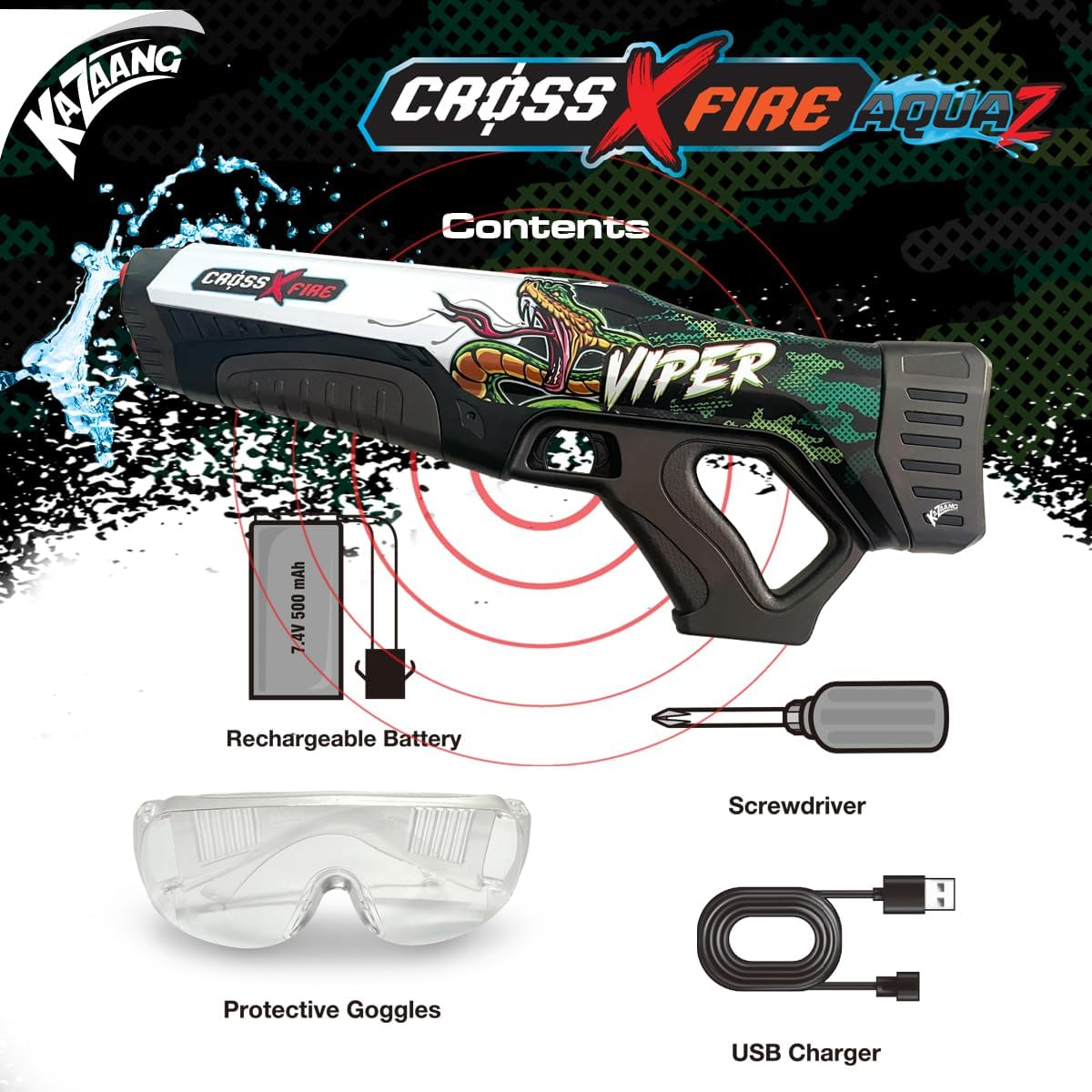 Kazaang Crossxfire Aquaz Viper - Electric Water Gun with 10M Range and Rechargable Battery - 6000 Water Bullets per Charge - 23S Quick Auto-Reload - Includes Goggles and Charger - Suitable for 8+ image number 1