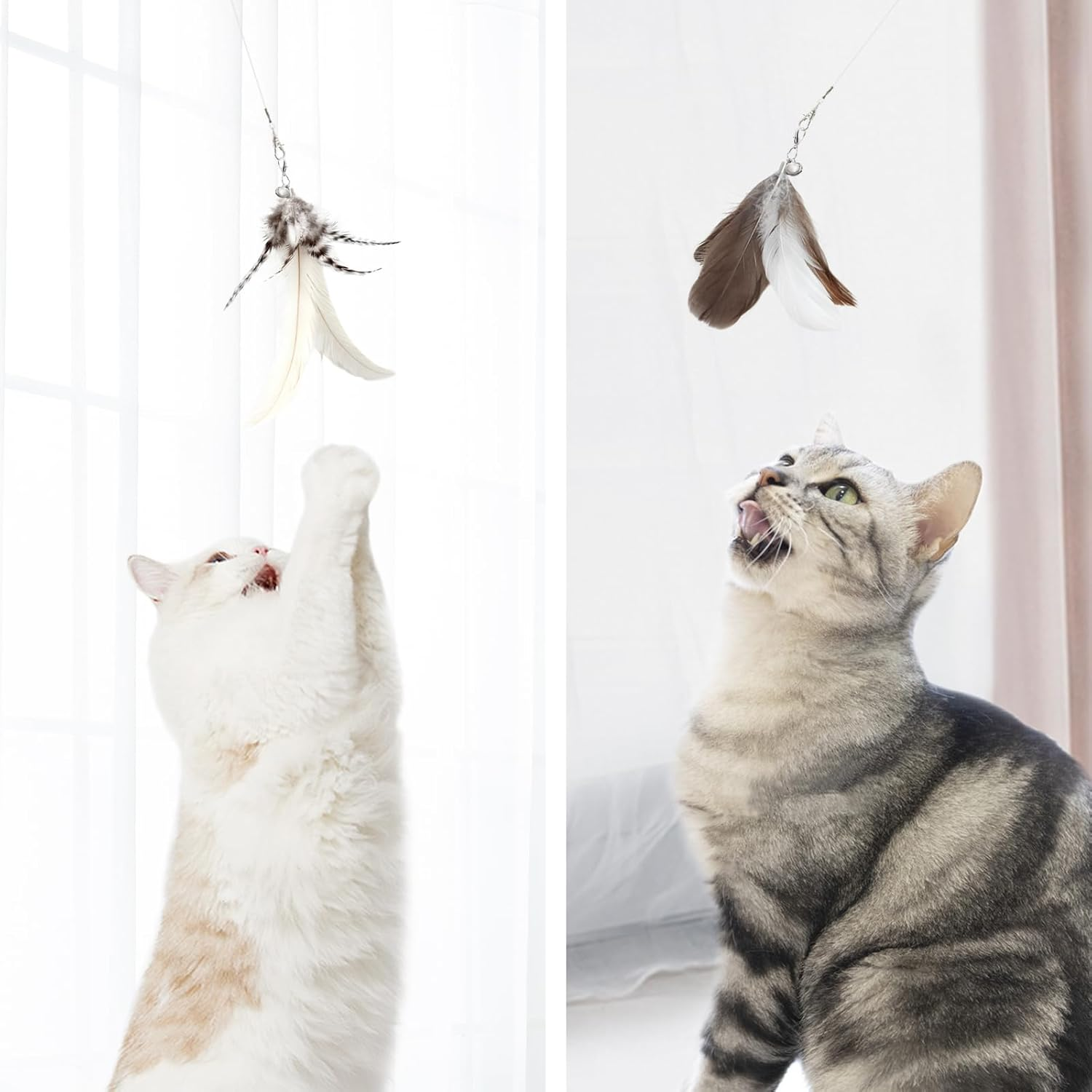 SONGWAY Cat Feather Wand - 7 Pcs Interactive Toys for Indoor Kitten, Retractable Wand with 6 Natural Feather Refills and Bell, Fishing Pole Toy image number 5