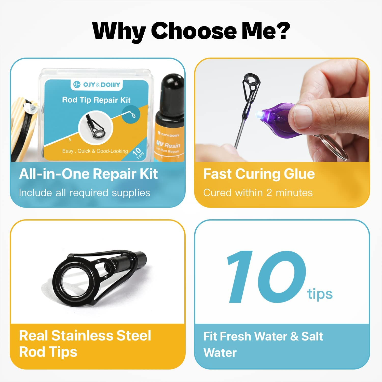 OJY&DOIIIY Fishing Rod Tip Repair Kit with Glue,Complete Supplies for Fishing Pole Tip Replacement with Fishing Rod Epoxy,Tip Top Eyelets and Wrapping Thread