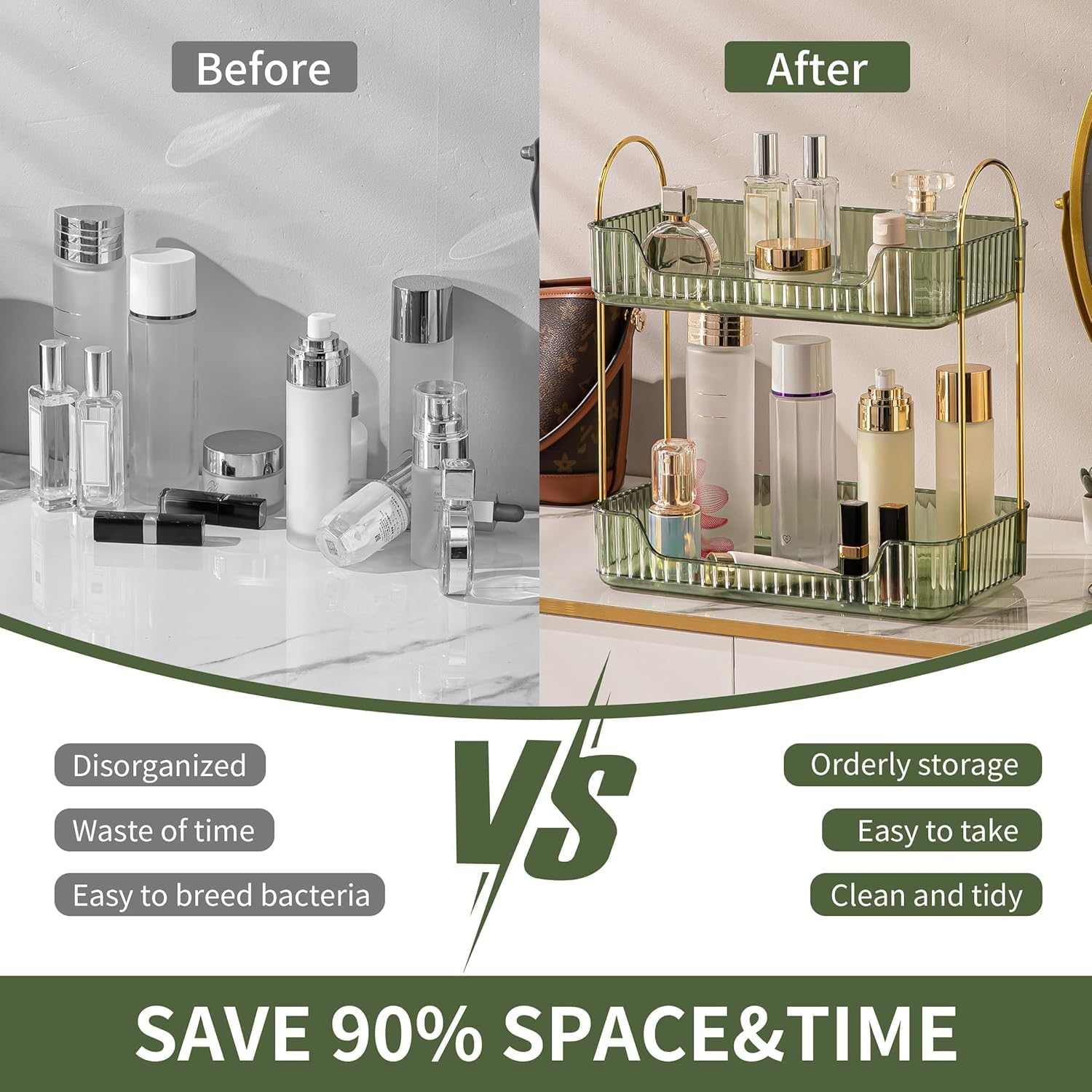 Ycia&Done 2-Tier Bathroom Organizer Countertop - Vintage Green Makeup Storage Tray for Skincare, Perfume & Vanity Counter (Large Capacity) image number 1