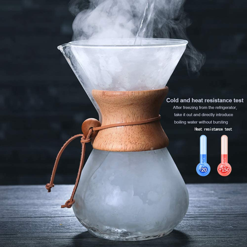 Wood Neck Pour over Coffee Maker with Reusable Stainless Steel Filter and Coaster Pad, 400 Ml Borosilicate Glass Coffee Carafe, Wooden Collar, Coffee Dripper Brewer, Hold 2 Cups image number 1