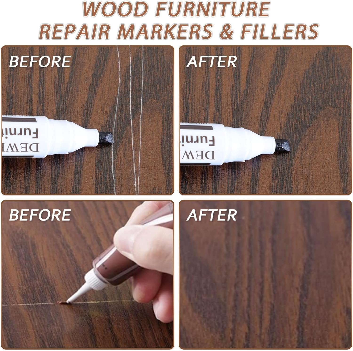 DEWEL Wood Furniture Repair Kit, Professional Wood Fillers and Furniture Touch up Markers Repair Stains, Scratches, Wood Floors, Tables, Cabinet, Carpenters, Bedposts image number 2