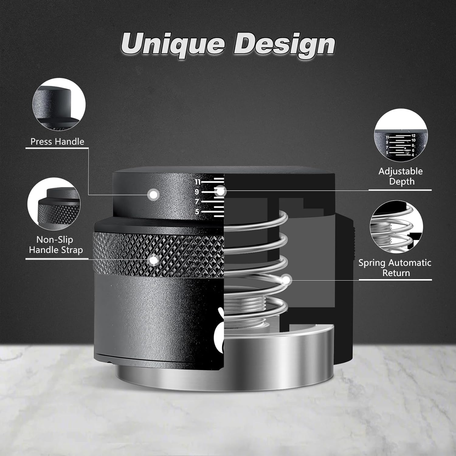 Espresso Tamper 51Mm, Adjustable Depth Coffee Tamper with Calibrated Spring Loaded, 304 Stainless Steel Palm Tamper Tool, Fits 51Mm Portafilter Basket (Black) image number 5