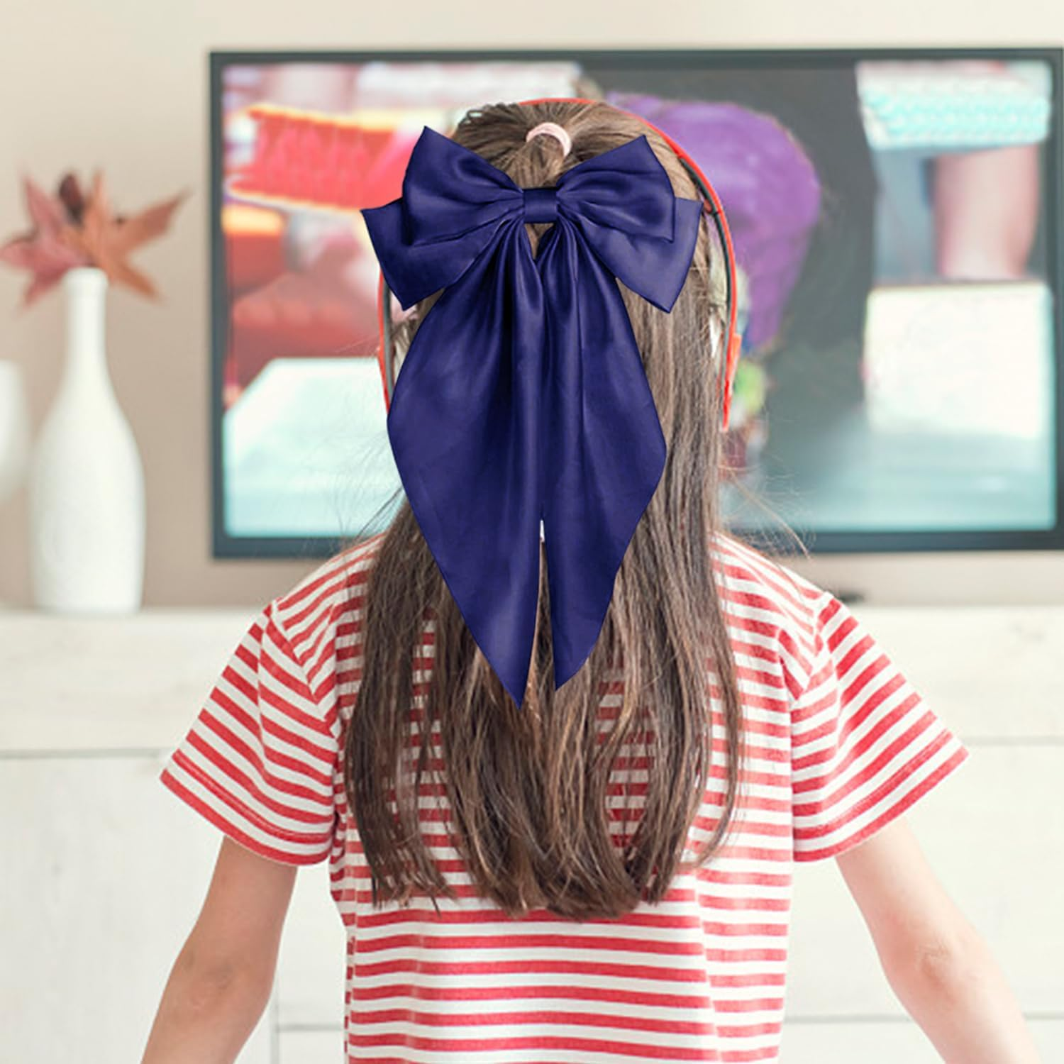 1 Large Hair Pin with Bow and 1 Hair Ring, Long Bow, French Hair Accessories, Silky Satin Hair Pin (Navy Blue) image number 3