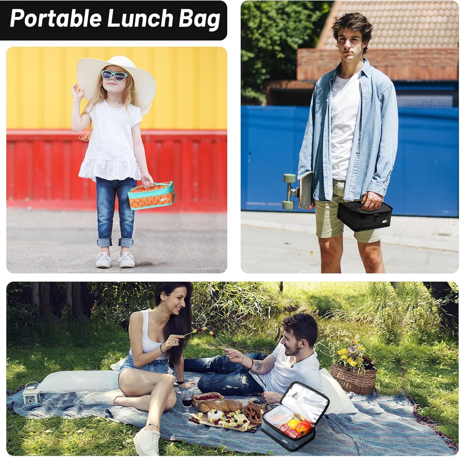 MIER Insulated Lunch Bag Small Lunch Box Bag Women Men Kids Portable Mini Cooler Bag for School Work Travel 5L, Black - Blue image number 3