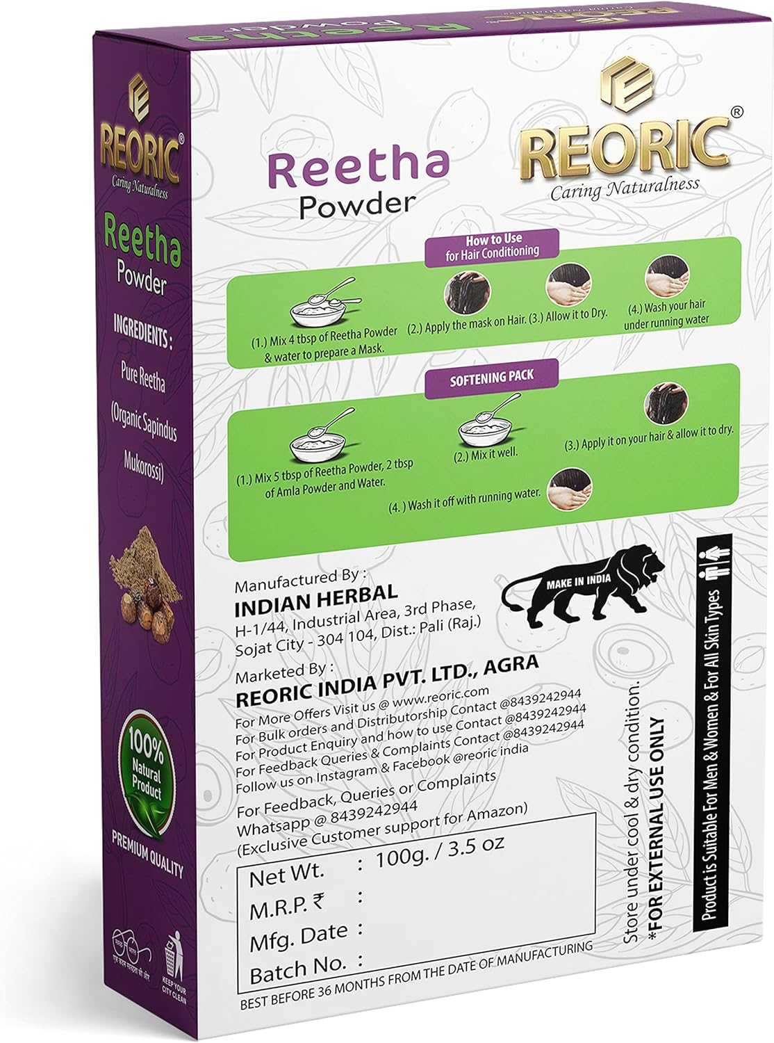 Reoric Reetha Amla Shikakai Bhringraj Powder |Aritha Powder |Soap Nuts for Hair |Indian Gooseberry Powder |Shikakai Powder |Acacia Concinna |Bhringraj Powder |Eclipta Alba(400G, Pack of 4) image number 4