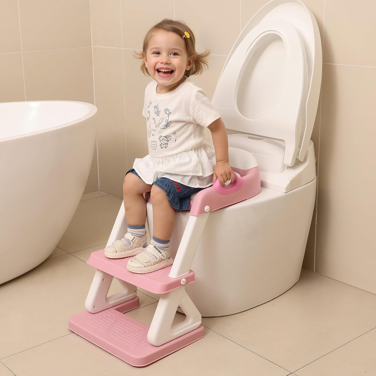Potty Training Toilet Seat with Step Stool Ladder for Boys and Girls Baby Toddler Kid Children Toilet Training Seat Chair with Handles Padded Seat Non-Slip Wide Step(Pink)