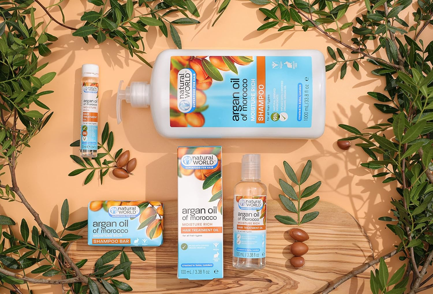 Natural World Argan Oil of Morocco Moisture Rich Hair Treatment Oil (100Ml) - for All Hair Types. Infused with Certified Organic Argan Oil. Cruelty Free & Vegan Friendly. Superfood for Hair