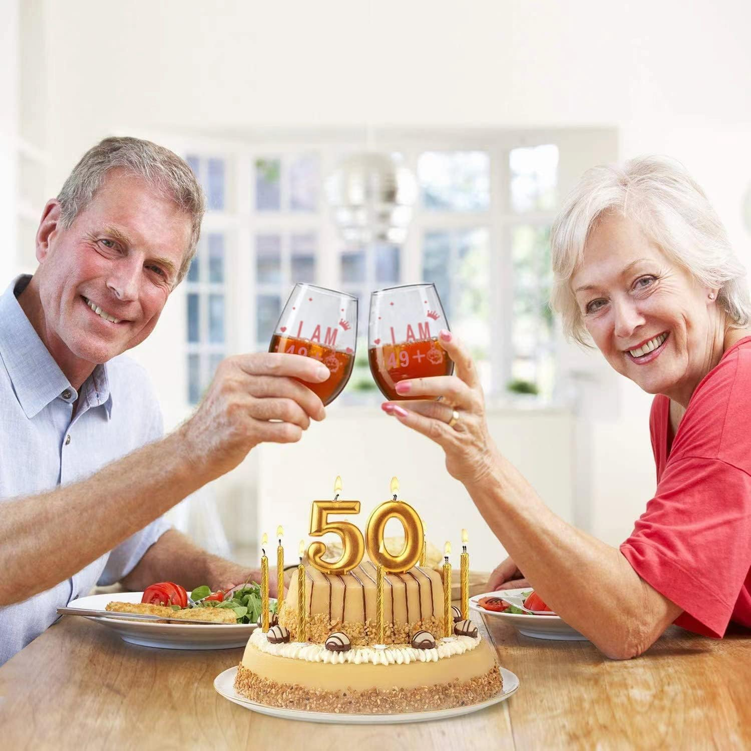 JUWNMANT Stemless Wine Glass 50Th Birthday Wine Glass Gift Anniversary Glass Men and Women 50Th Birthday Party Wedding Anniversary Decoration, 17Oz(I AM 49+1)