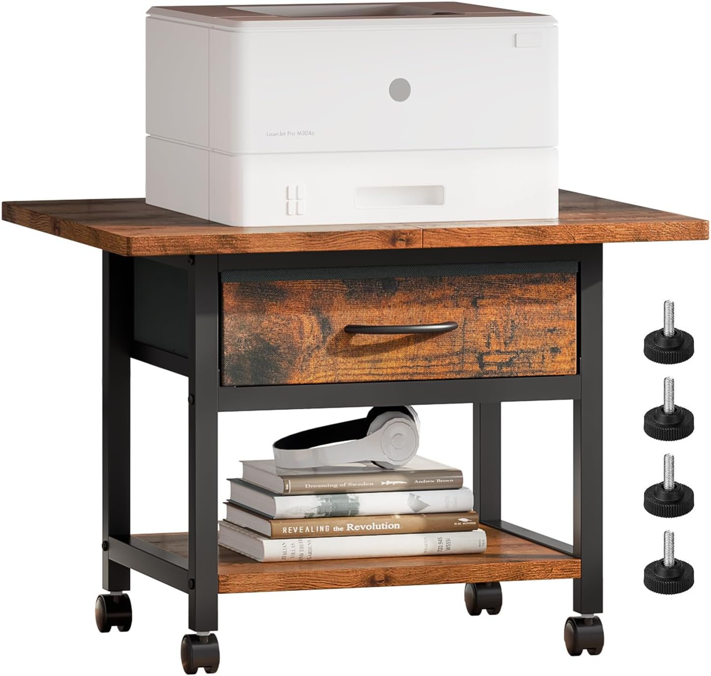 Huaniun 2 Tier Desktop Printer Stand with Storage Drawer, under Desk Printer Table, Multi-Purpose Desk Organizer Storage Shelf, Desktop Office Shelf with Wheels