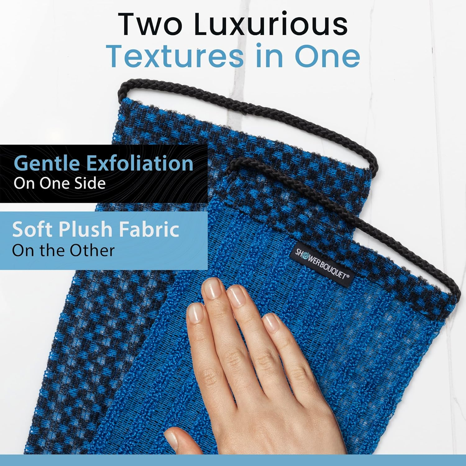 Japanese Exfoliating Washcloth Back & Body 2-Pack by Shower Bouquet: Silver Ions Prevent Bacteria, Activated Charcoal Removes Impurities; 1 Charcoal Blue, 1 Charcoal Green Exfoliating Towel, Soft Mild image number 4