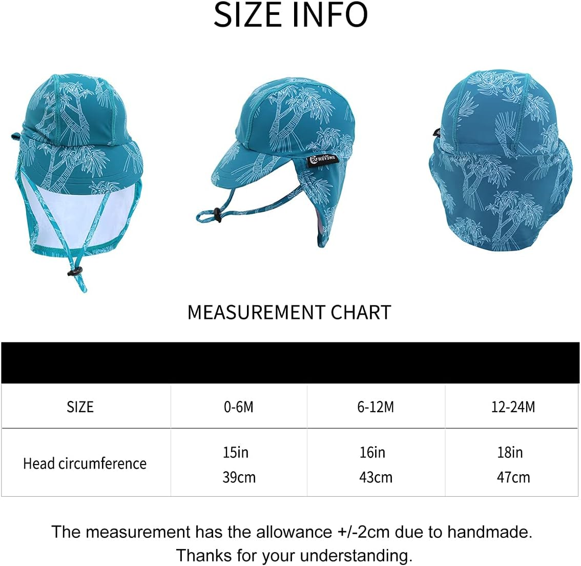 Wevswe Baby Toddler Sun Hat UPF 50+ Swim Cap Flap Neck Protection Adjustable Chin Straps UV Sun Protection Hats image number 1
