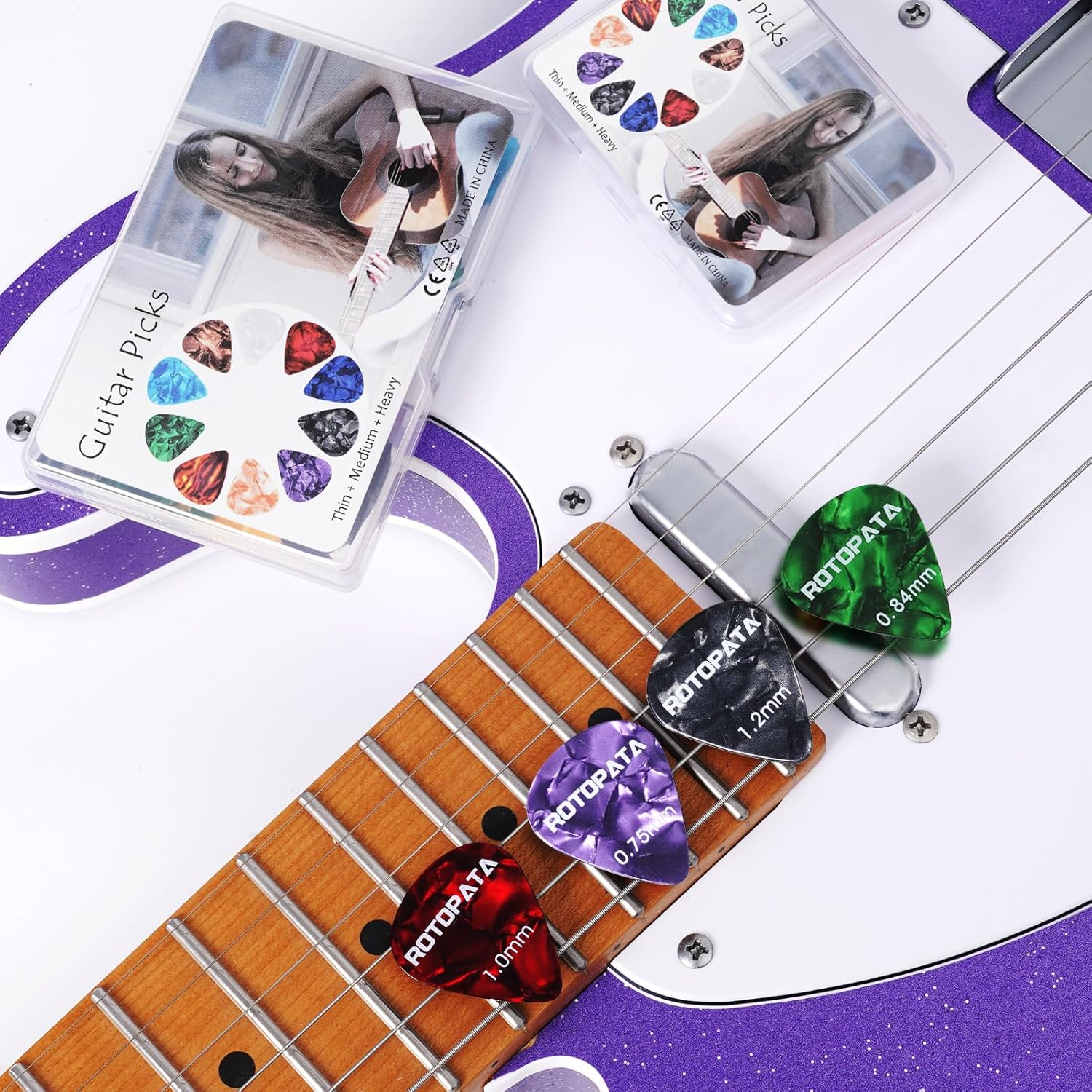 18 Pack Celluloid Guitar Picks with Organizer Storage Box & Holder Case,0.5 0.57 0.75 0.84 1.0 1.2 Mm Six Timbres and Touch Thicknesses & Variety Colorful Plectrums for Bass Electric Acoustic Ukulele image number 5