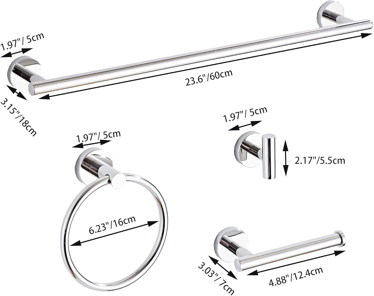 Chrome Bathroom Hardware Set 5 Piece with Towel Racks for Bathroom, SUS304 Stainless Steel Bath Towel Bar Set, 24 Inch Wall Mounted Accessories Kit&hellip; image number 4