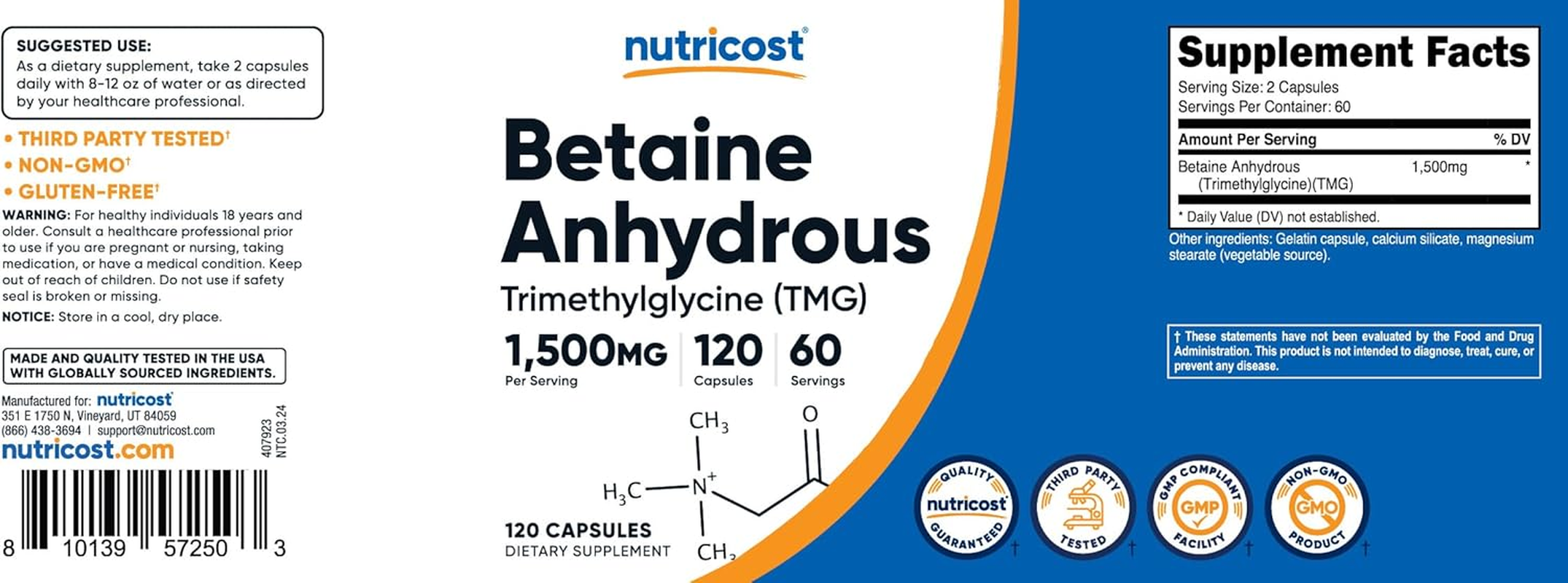 Nutricost Betaine Anhydrous Capsules 1500Mg, 60 Servings - Gluten Free, Non-Gmo, 750Mg per Cap, 120 Capsules image number 5