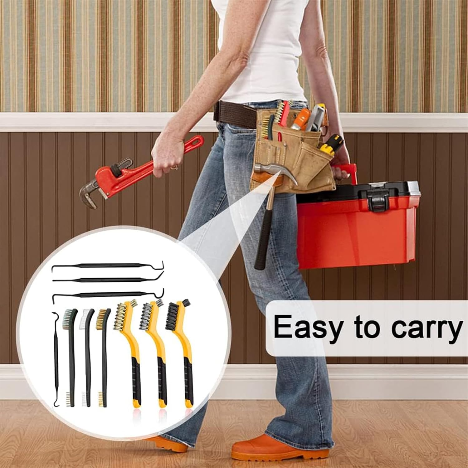 10Pcs Wire Brush Set, Stainless Steel/Brass/Nylon Bristles Brushes for Narrow Areas Deep Cleaning Dirt, Rust Removal, Grill Cleaner, Paint Scrubbing Double-Ended Cleaning Brush and Picks Set image number 6