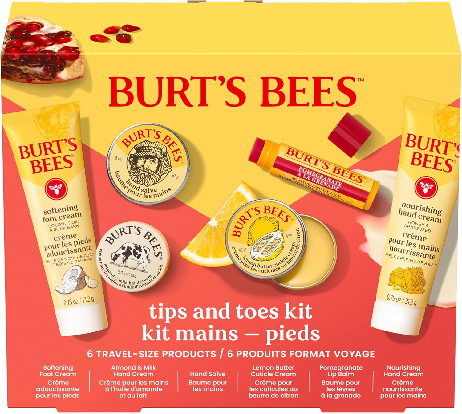Burt'S Bees Christmas Gifts - Tips and Toes Kit, 6 Travel Size Products for Stocking Stuffers - Pomegranate Moisturizing Lip Balm, 2 Hand Creams, Foot Cream, Cuticle Cream, and Hand Salve image number 5