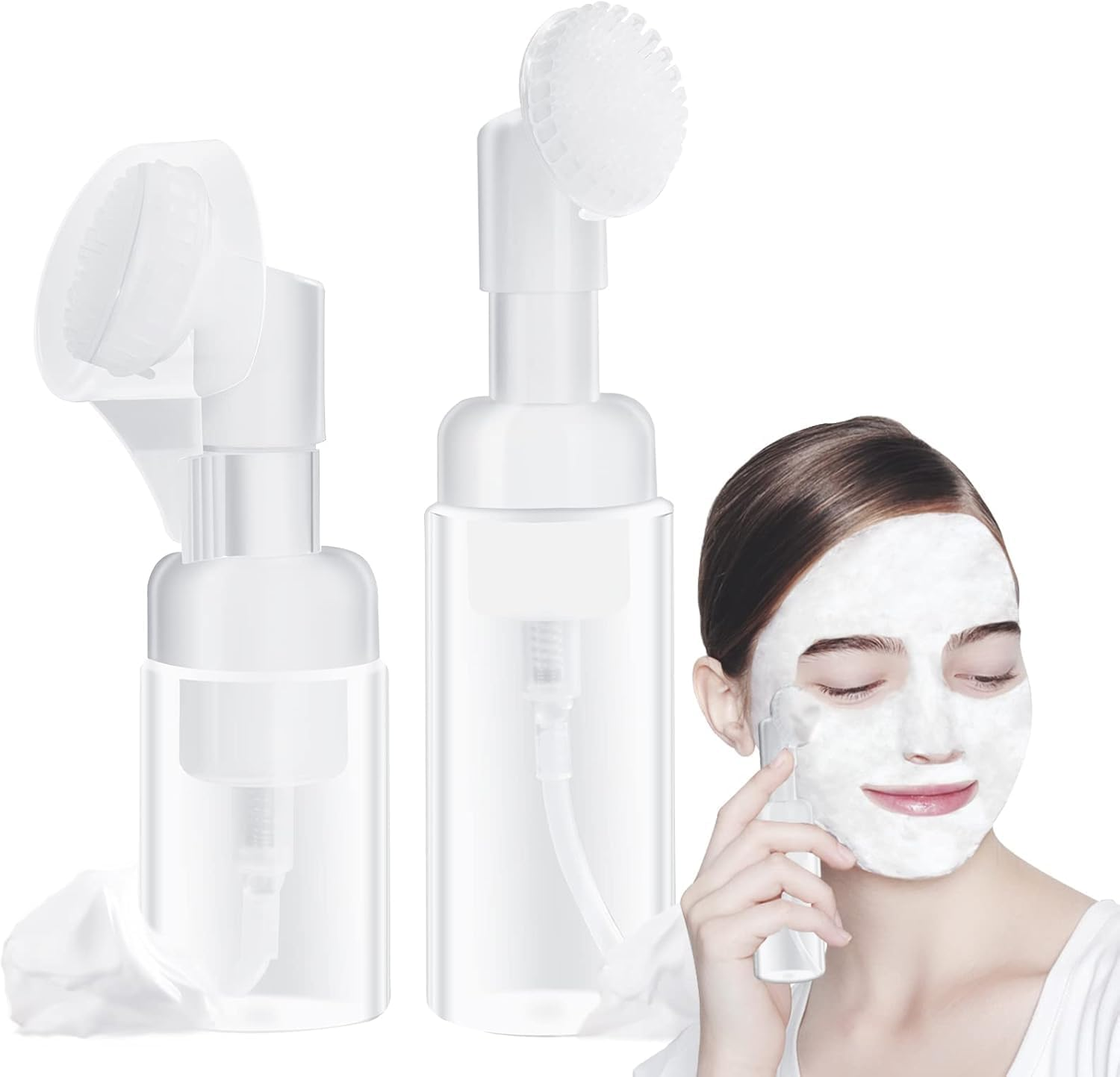 2 Pcs Pump Dispenser,Soap Foaming Bottle Mousse Foam Bottle Facial Cleanser Pump Dispenser with Silicone Foam Massage Clean Brush Head, Suitable for Face Wash Foaming (Transparent, One Size)