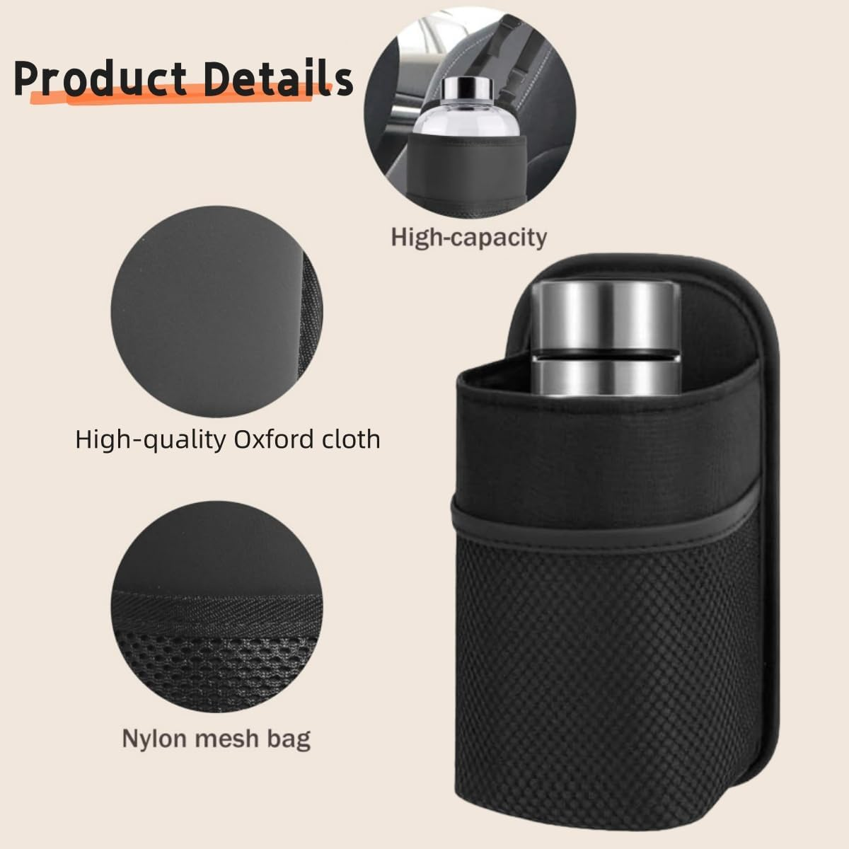 2-In-1 Large Cup Holder, 80 Oz Multifunctional Car Seat Side Organizer, Hanging Water Bottle Holder Bag, Stuff with Mesh Pocket for Phone & Drink, Suitable SUV Truck image number 4
