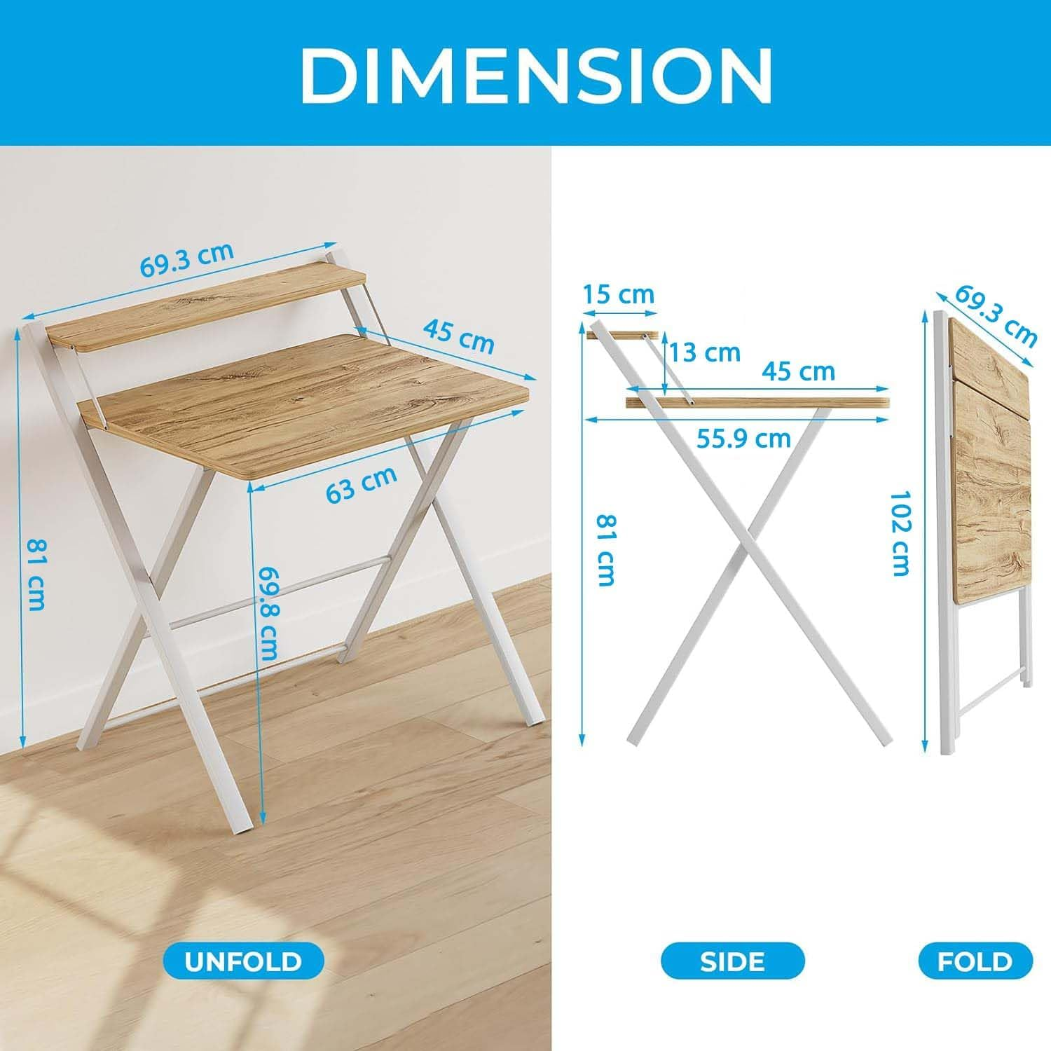 Folding Desk No Assembly Required Small Size, 2-Tier Foldable Computer Desk with Shelf for Home Office, Space Saving Portable Laptop Study Foldable Table for Small Spaces (Oak, 69 X 56 Cm) image number 1