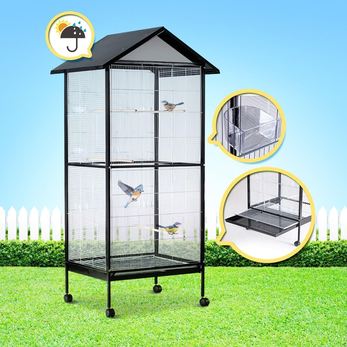 Pet Scene Large Bird Cage Wheeled, 185CM Tall Bird Cage Stand with 4 Perche for Parrot,Cockatiel,Canary image number 5