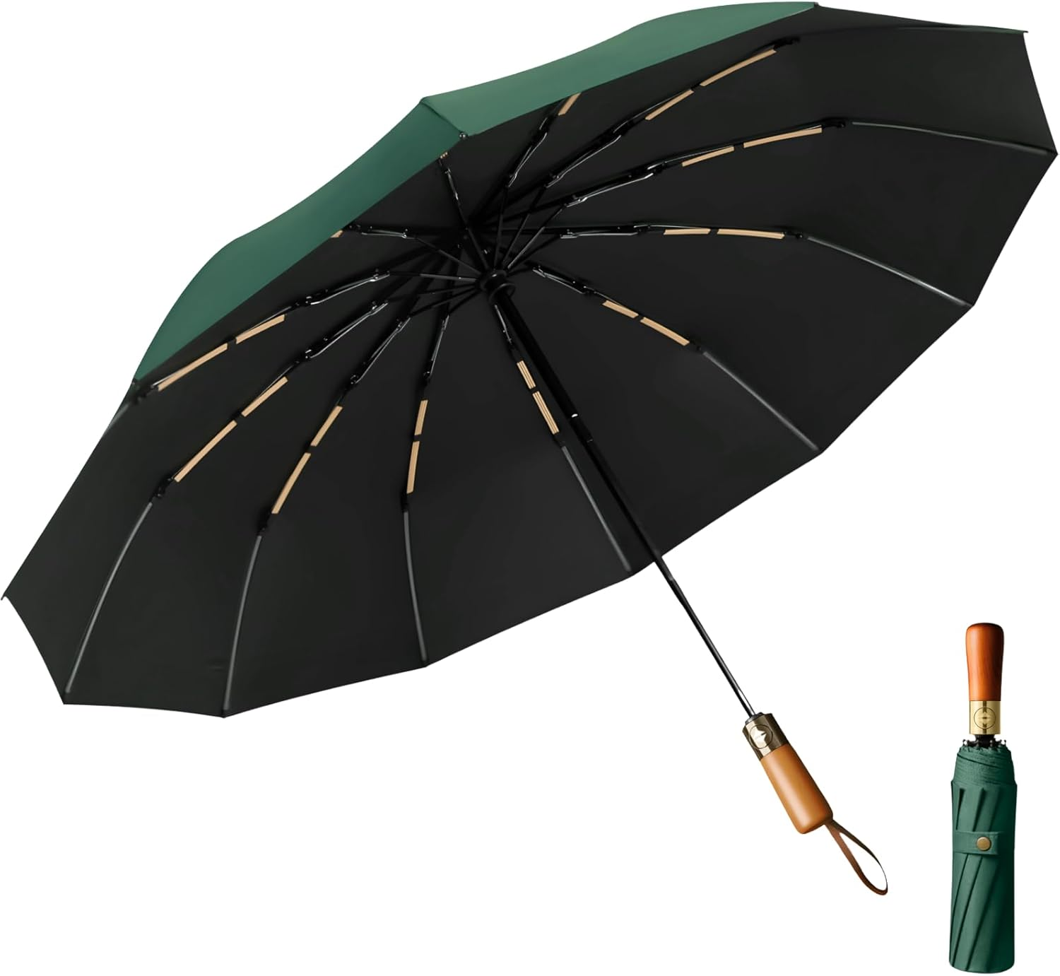 Windproof 12-Rib Auto-Opening Umbrella with Wooden Handle &ndash; Compact Folding Umbrella for Travel, Strong Rain and Sun Protection, UPF UV, Large Portable Golf Beach Parasol