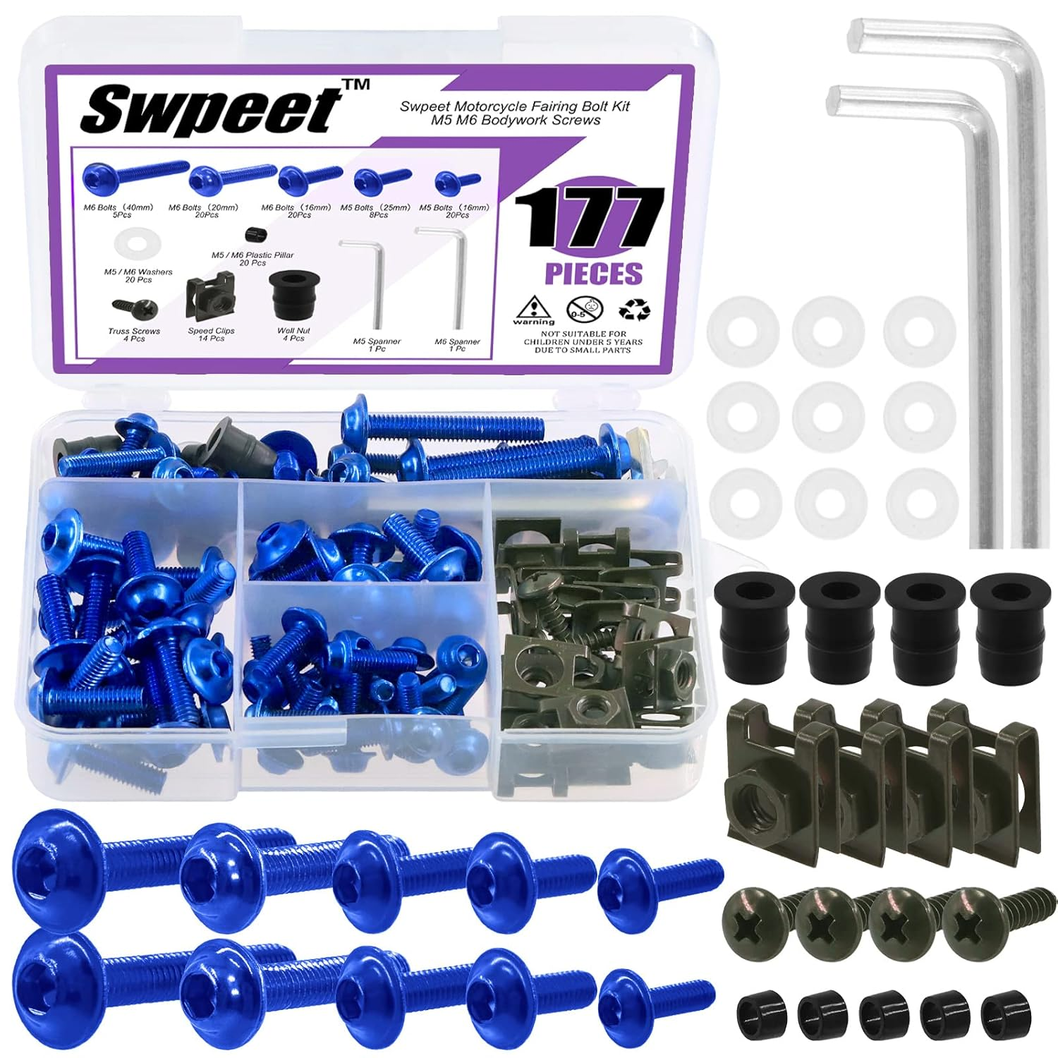 Swpeet 177Pcs 2 Sizes M5 M6 Motorcycle Fairing Bolt Assortment Kit, Motorcycle Windscreen Screws Fasteners Fixing Sportbike Bolts Fairing for All Models & Years Sport Bikes (Black)
