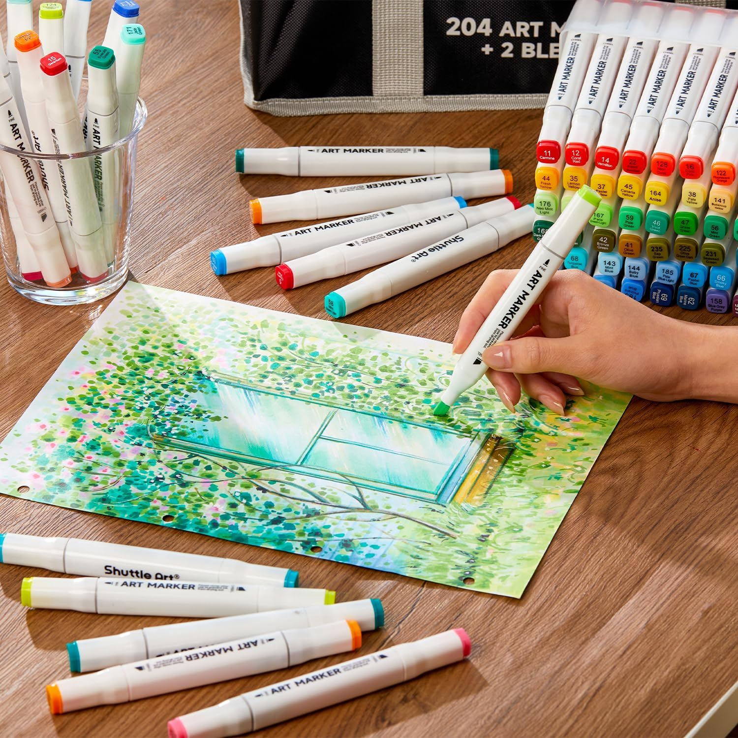 Shuttle Art 205 Colours Alcohol Art Markers, 204 Colours Dual Tip Art Pens plus 1 Blender 1 Marker Pad 1 Case and Colour Chart for Kids Adult Artist Drawing Colouring Books Sketching Card Making image number 1