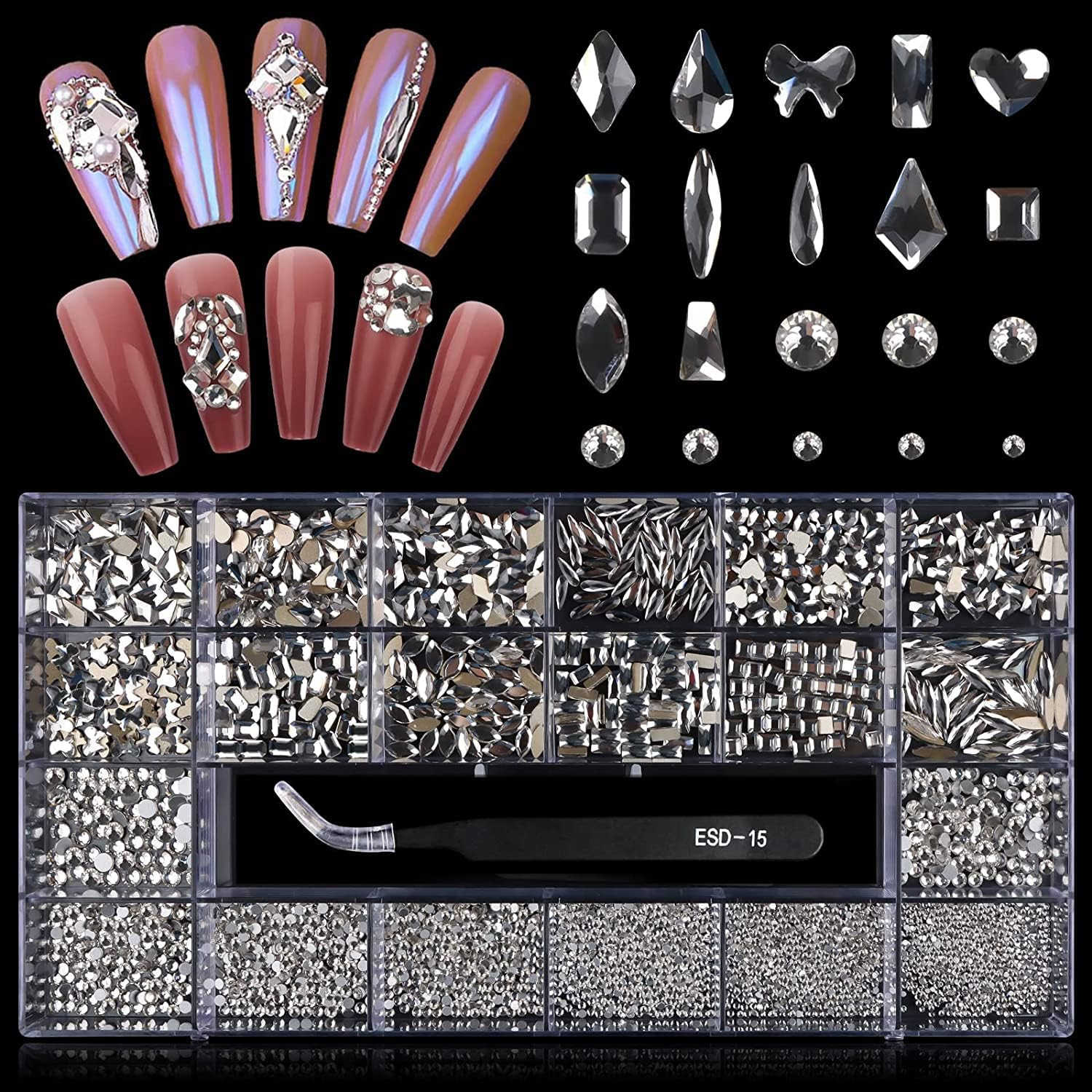 3100Pcs Red Rhinestones for Nails EBANKU Nail Art Rhinestones Kit Red Nail Crystal Rhinestones Mixed Shape with Rhinestone Picker Dotting Pen Tweezers for Christmas DIY Nail Art Craft