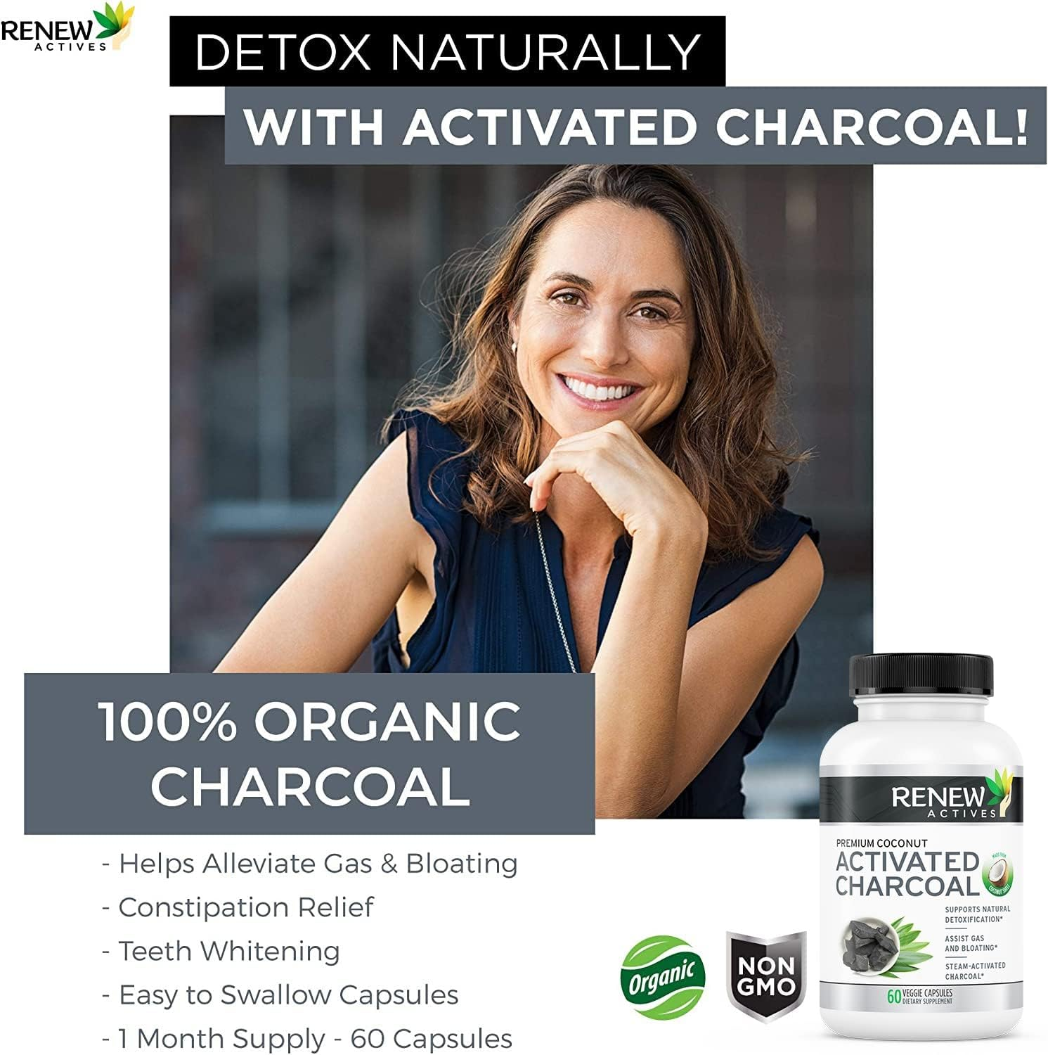 Extra Strength Activated Charcoal Pills Capsules Made from Natural Organic Coconut :: 60 Ct. for Digestive Support and Teeth Whitening : Made in the USA with No Artificial Ingredients image number 2