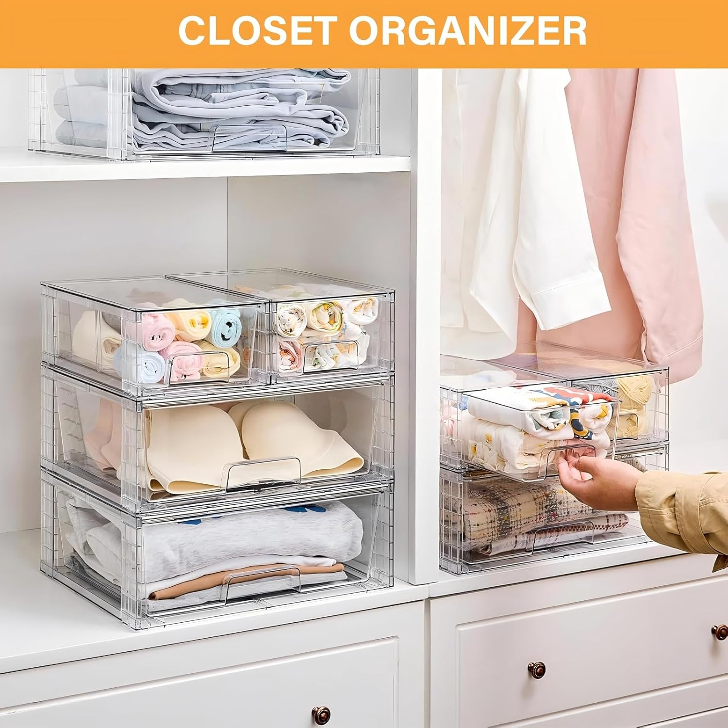 Makeup Organizer, 6 PCS Clear Stackable Storage Drawers, Desk Organizers, Dustproof Drawer and for Make Up, Jewelry, Clear Organizer for Home & Office Use, Bathroom Counter Dressing Table