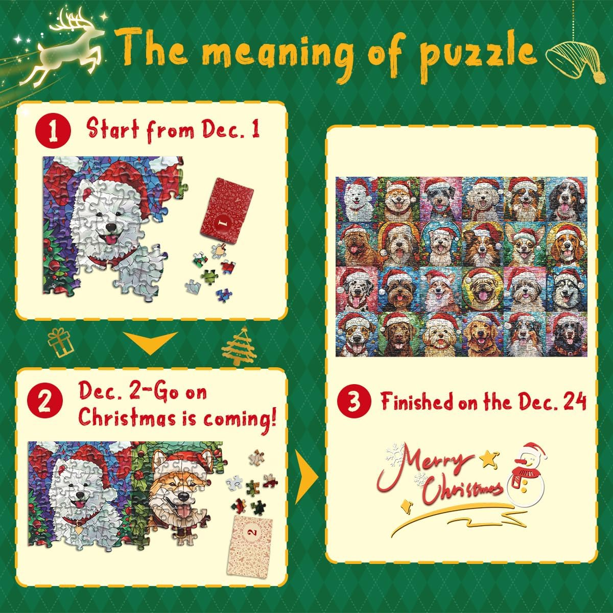 PICKFORU Christmas Advent Calendar 2024 Puzzles for Adults 1000 Pieces, Dog Mosaic Stained Glass Puzzle Countdown Calendar, Colorful Animal Christmas Jigsaw Puzzles as Home Decor image number 2